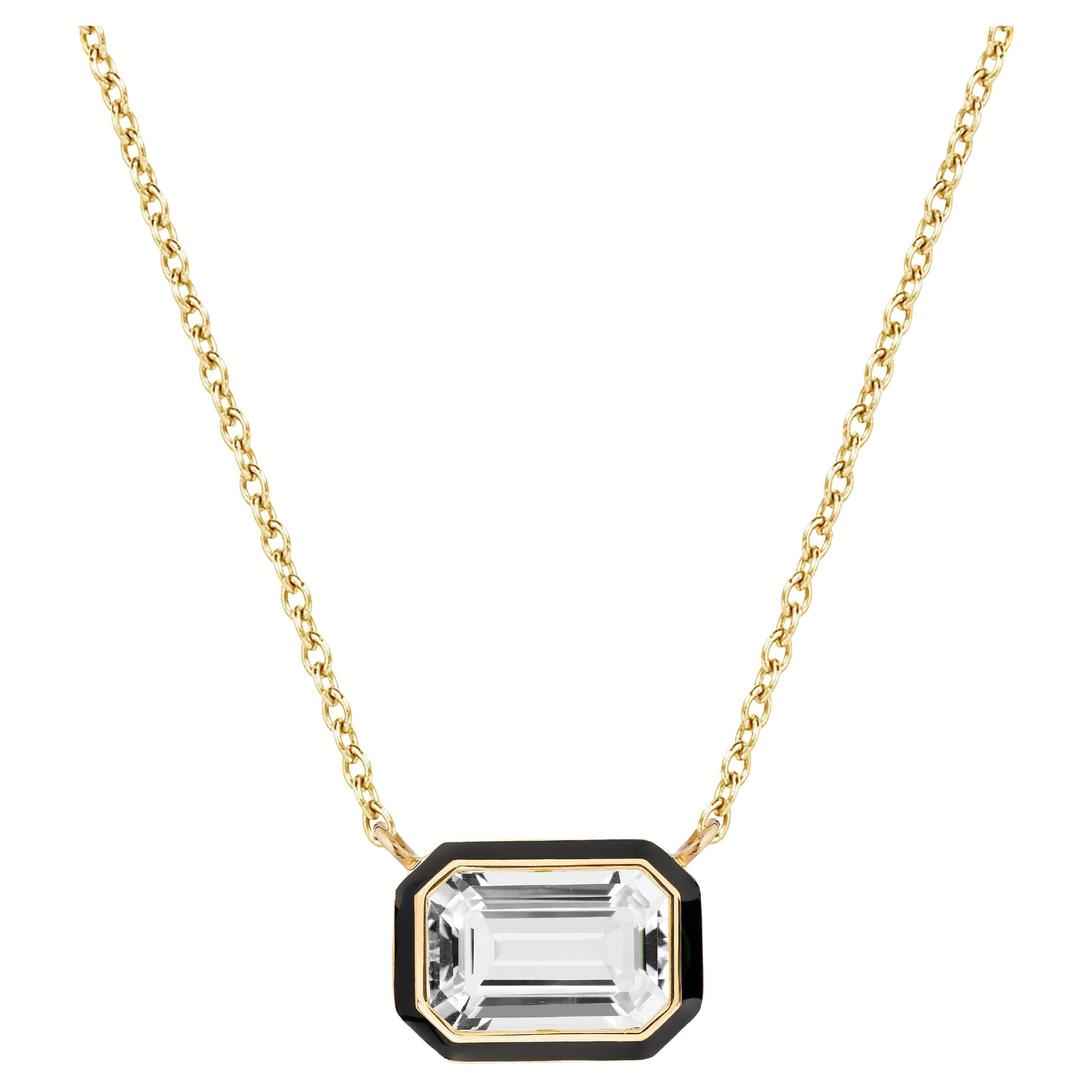 Goshwara Rock Crystal Emerald Cut East-West with Black Enamel Pendant For Sale