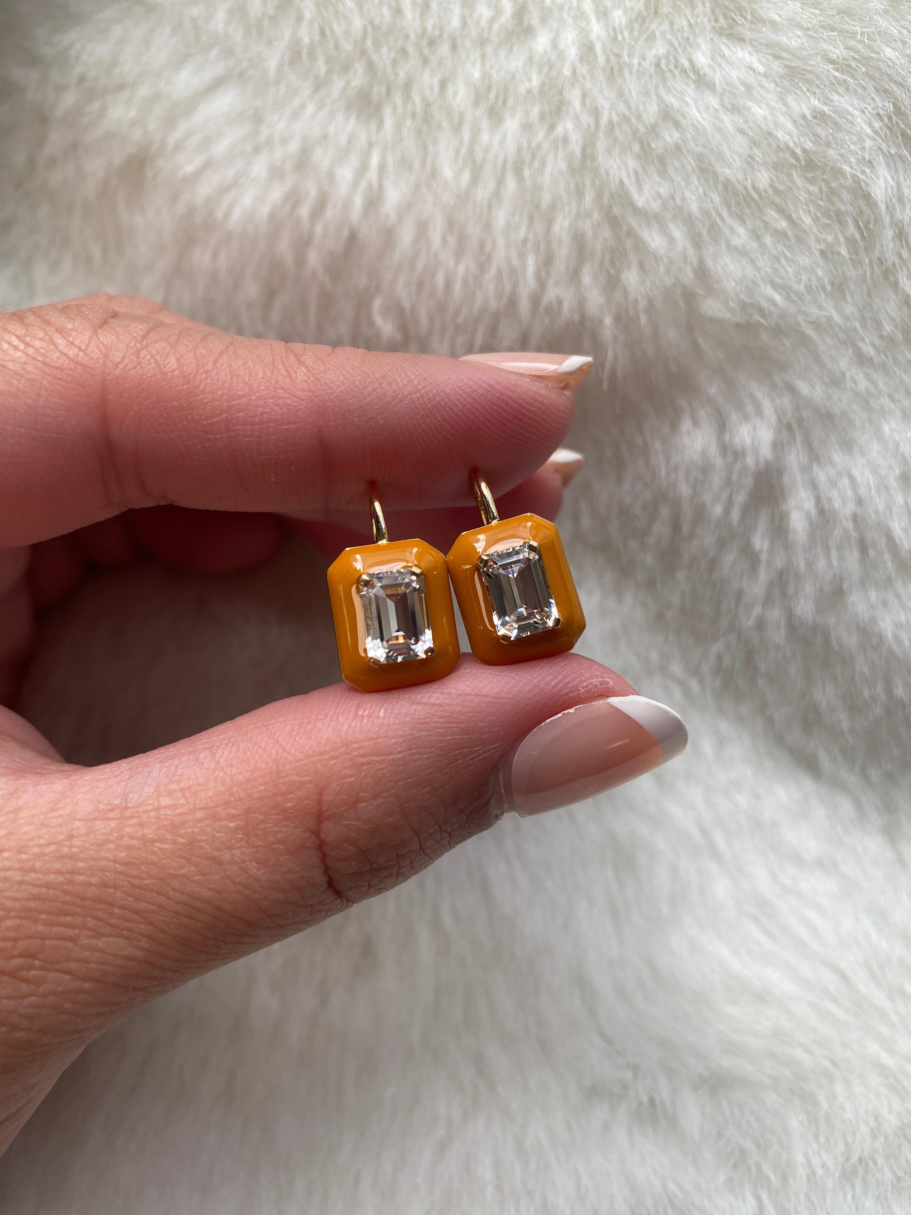 Goshwara Rock Crystal Emerald Cut, with Brown Enamel Border Earrings In New Condition For Sale In New York, NY