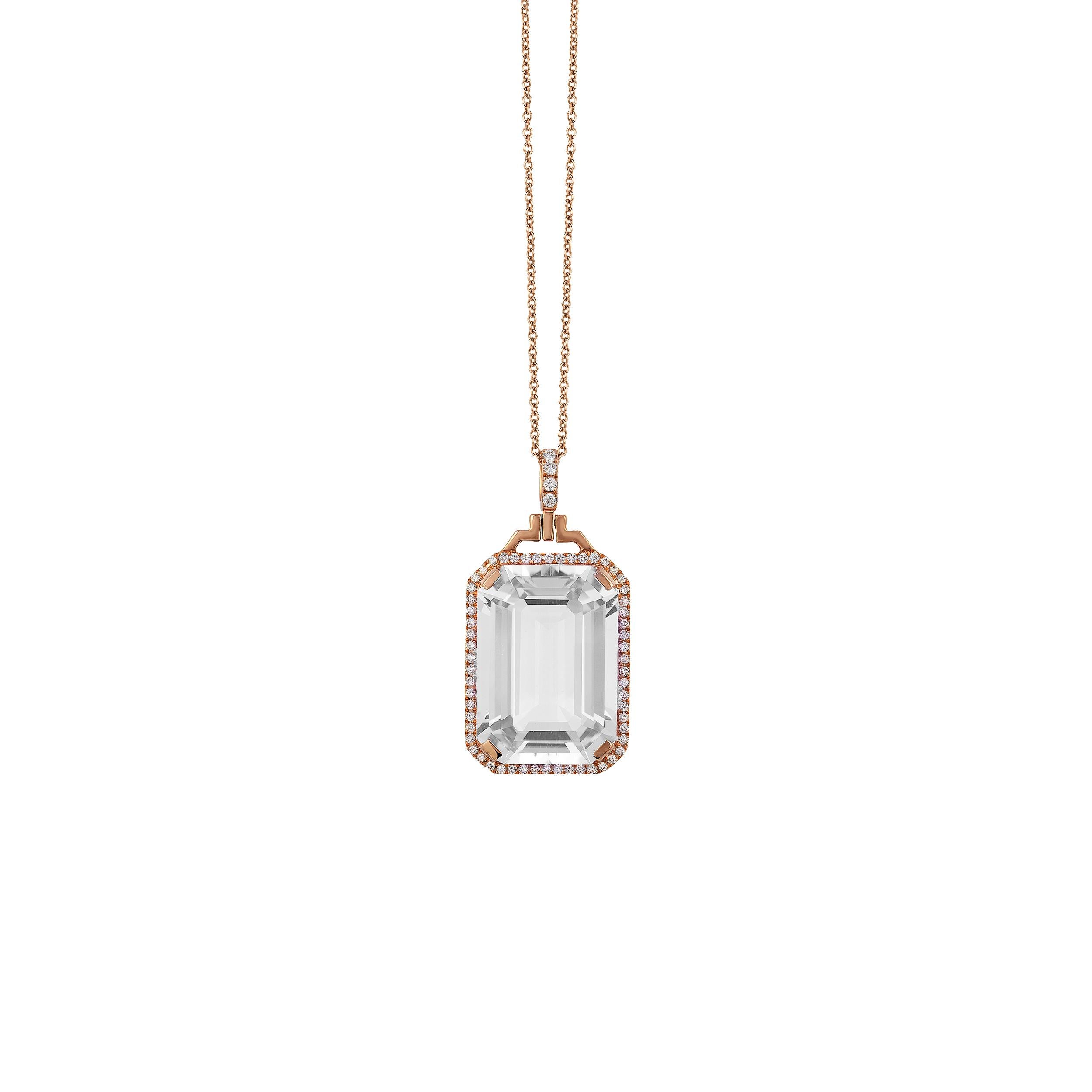 Rock Crystal Emerald Cut Pendant with Diamonds in 18K Pink Gold, from 'Gossip' Collection 
 
 on a 18'' Chain
 
 Stone Size: 14 x 20 mm 
 
 Gemstone Approx Wt: Rock Crystal-15.80 Carats 
 
 Diamonds: G-H / VS, Approx Wt : 0.30 Carats