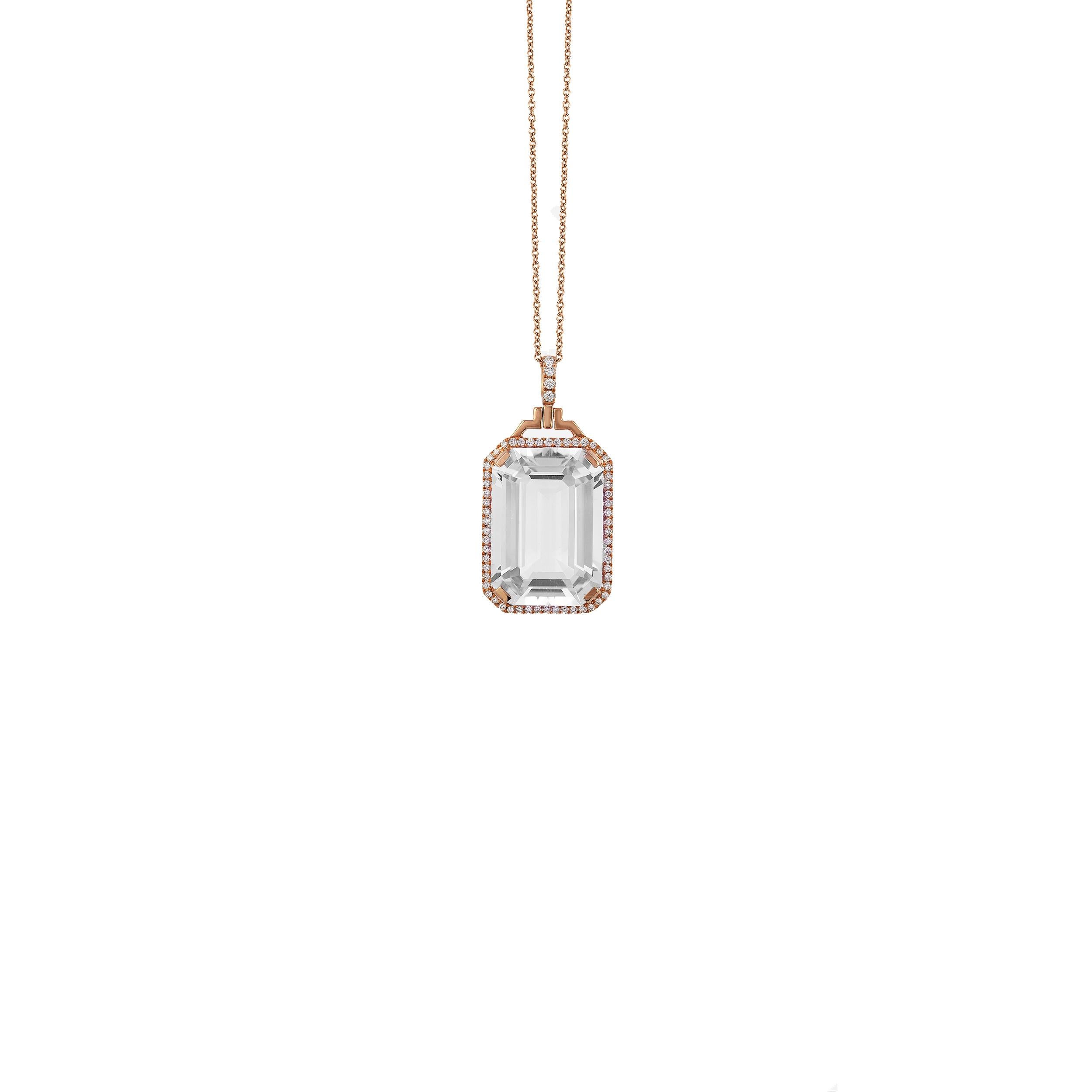 Rock Crystal Emerald Cut Pendant with Diamonds in 18K Pink Gold, from 'Gossip' Collection 
 
 on a 18'' Chain
 
 Stone Size: 10 x 15 mm 
 
 Gemstone Approx Wt: Rock Crystal- 6.2 Carats 
 
 Diamonds: G-H / VS, Approx Wt : 0.15 Carats