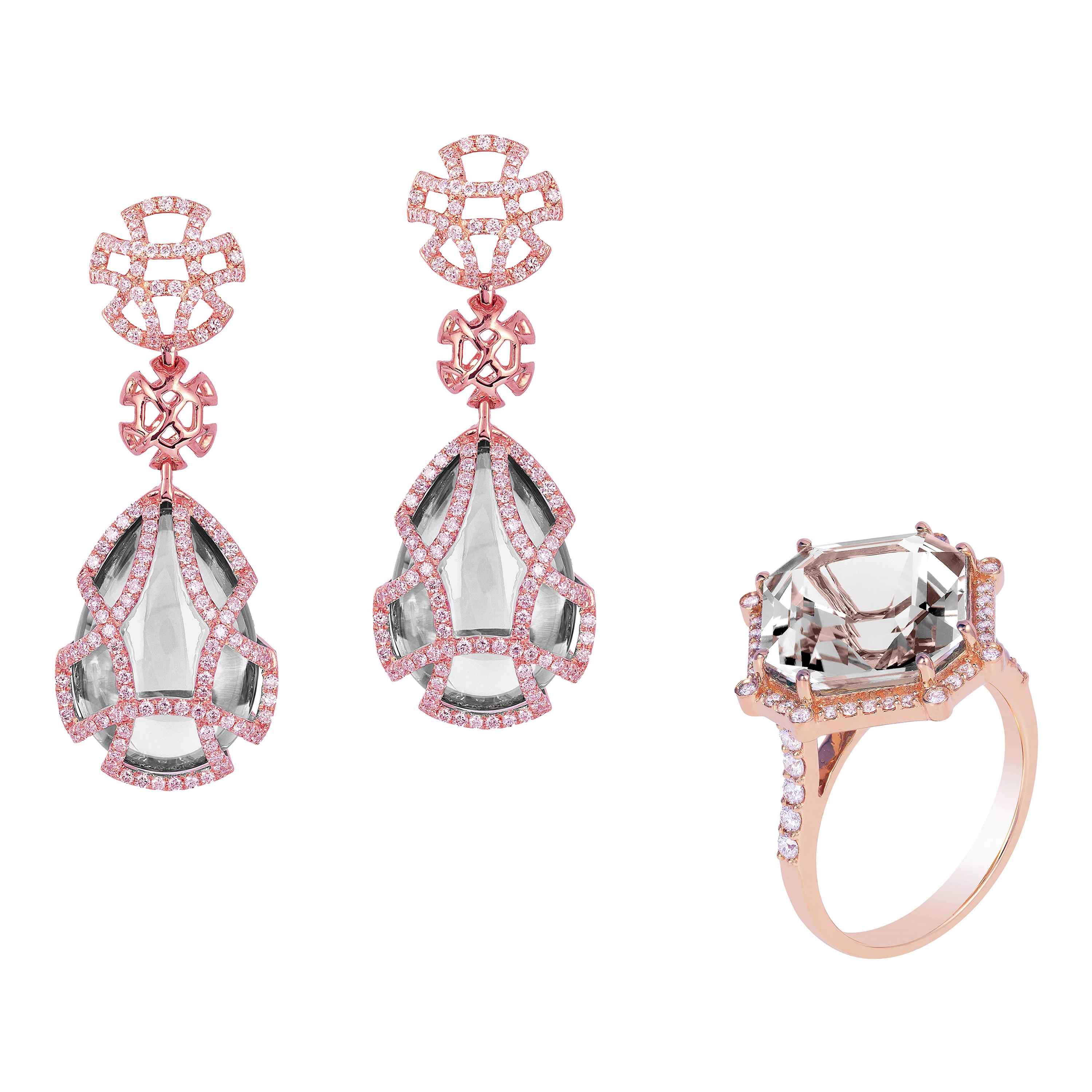 Goshwara Rock Crystal Octagon Ring & Teardrop Cage Earrings For Sale