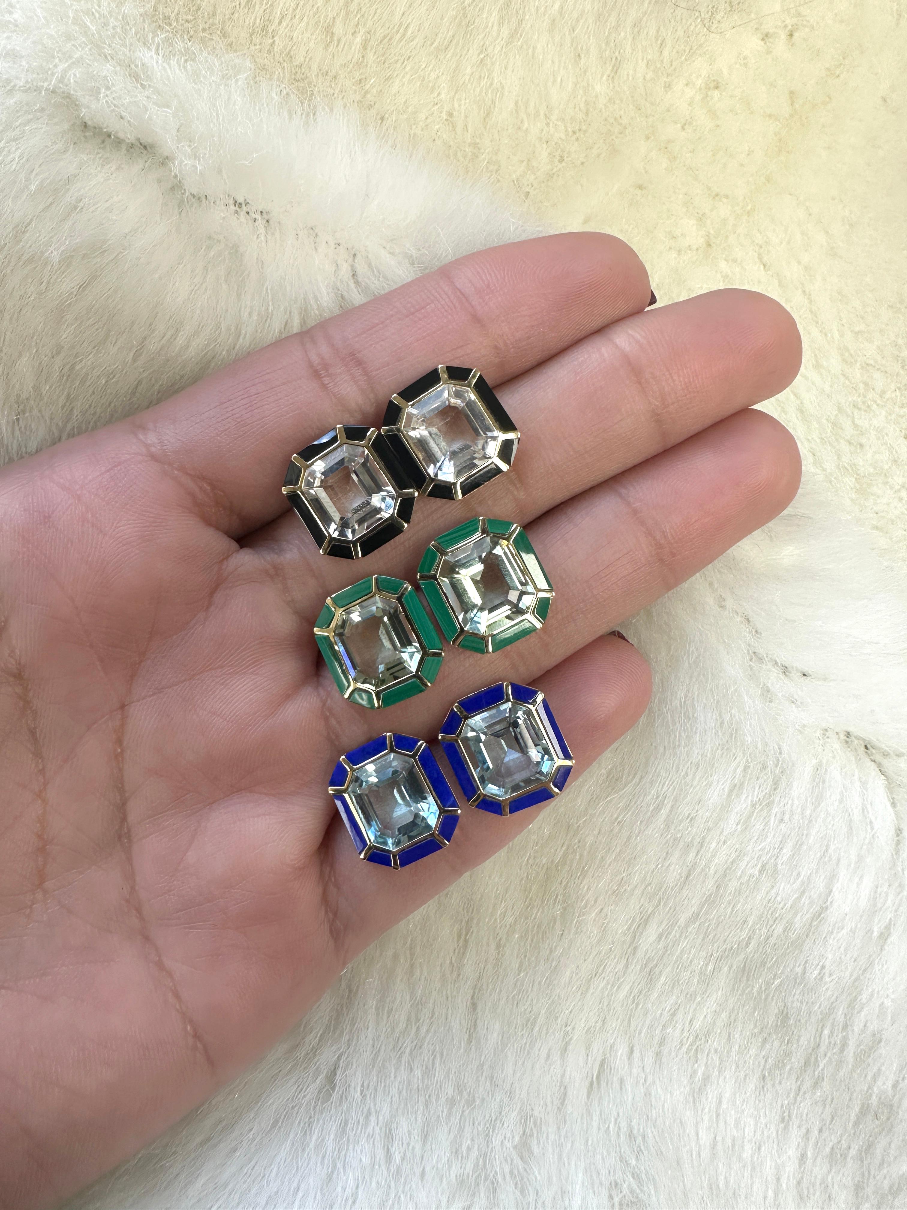Emerald Cut Goshwara Rock Crystal & Onyx Inlay Stud Earrings For Sale
