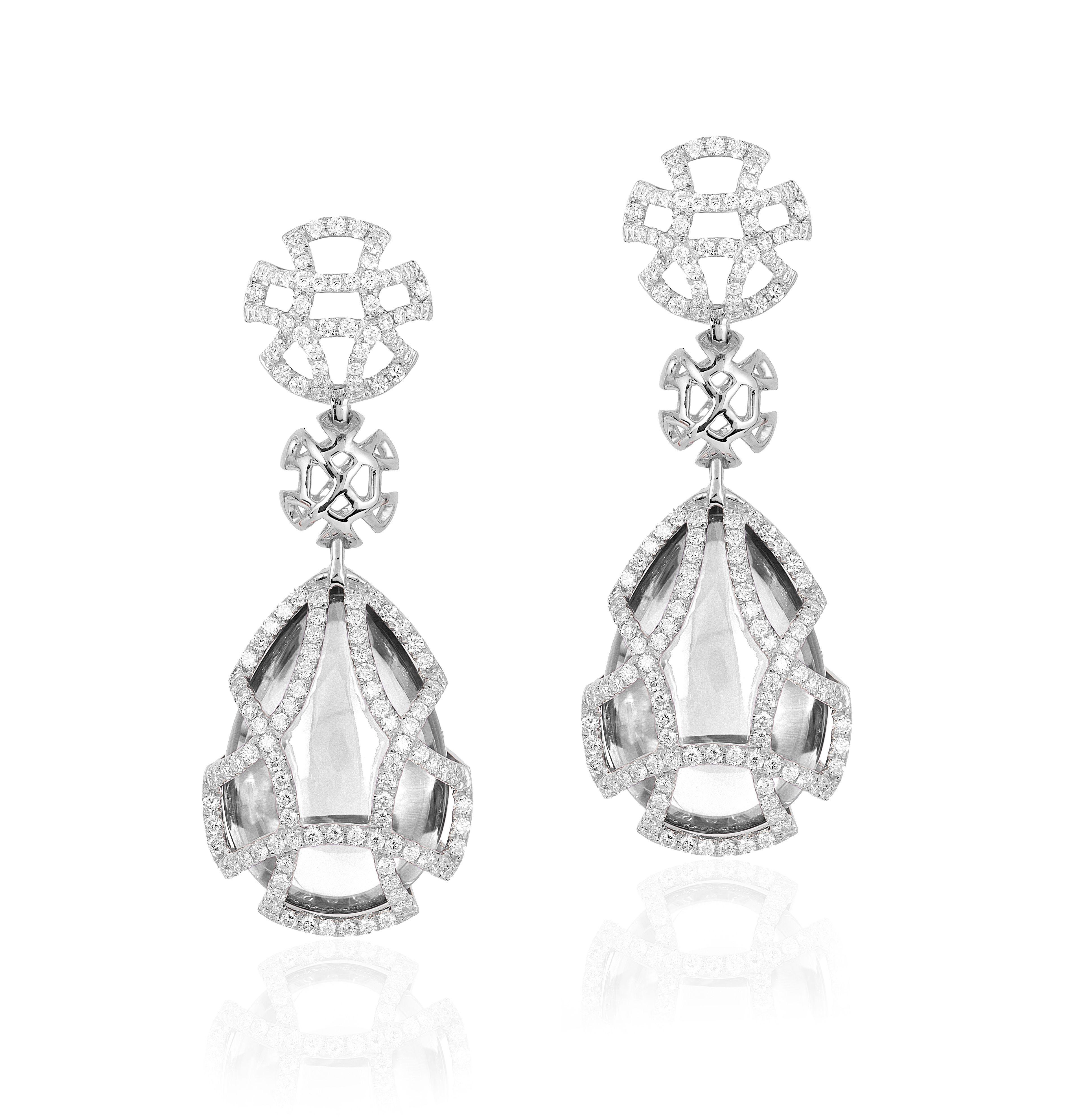 Contemporary Goshwara Rock Crystal Teardrop and Diamond Earrings