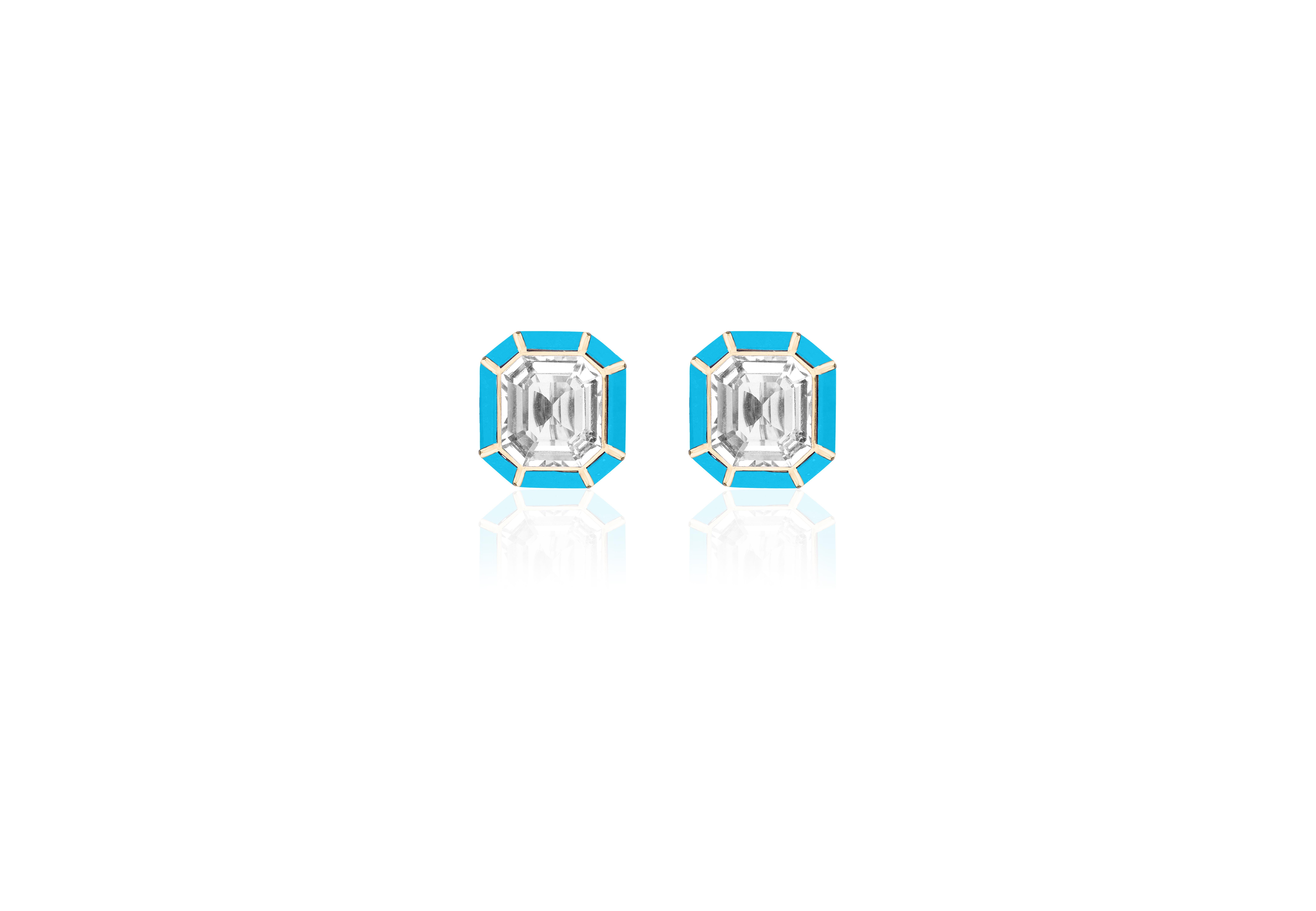 Taille émeraude Boucles d'oreilles Goshwara en cristal de roche et incrustation de turquoise
