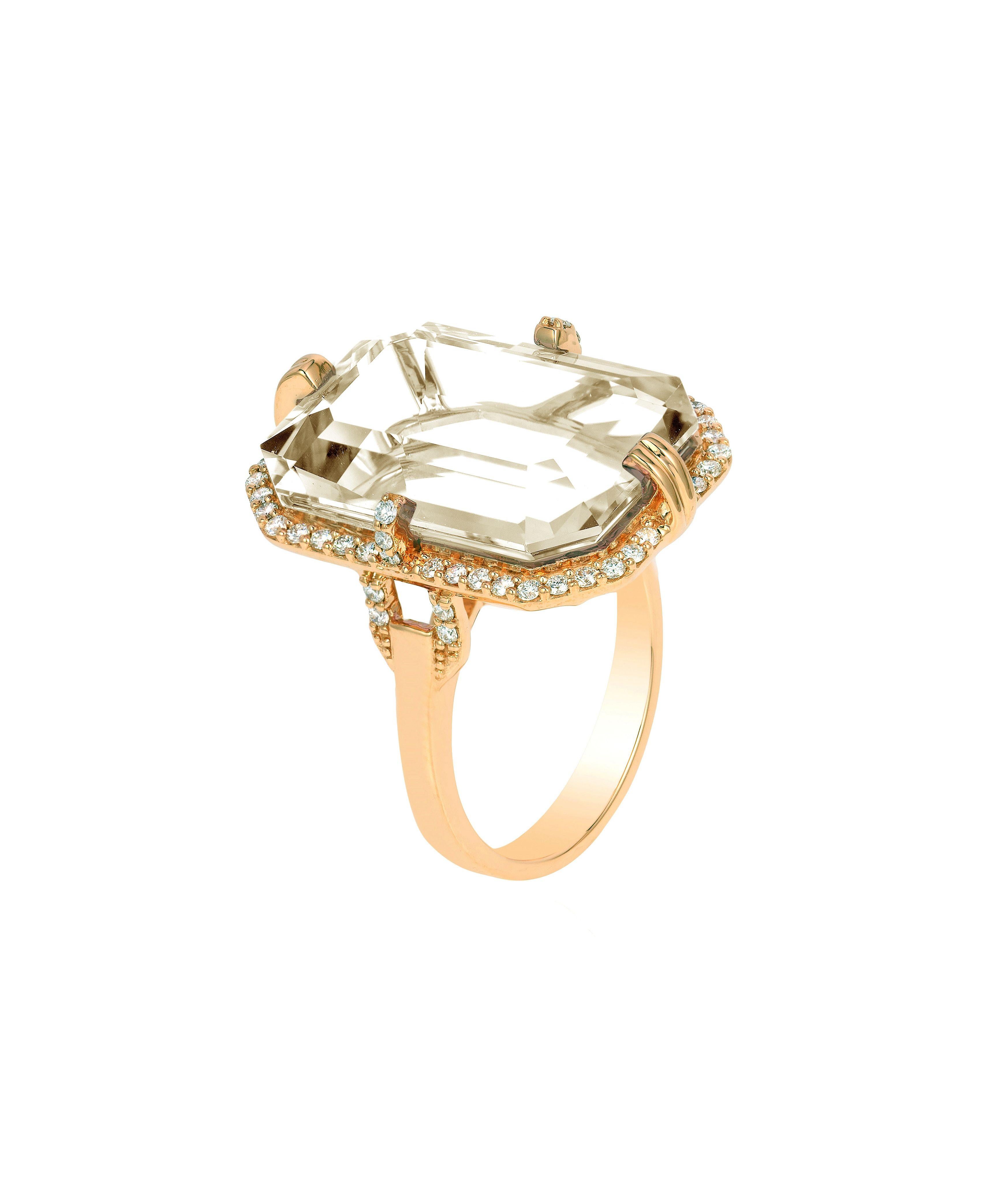 Rock Crystal Emerald Cut Ring with Diamonds in 18K Yellow Gold, From 'Gossip' Collection

Stone Size: 20 x 14 mm 

Gemstone Approx Wt: Rock Crystal- 17.38 Carats

Diamonds: G-H / VS, Approx Wt: 0.41 Carats 