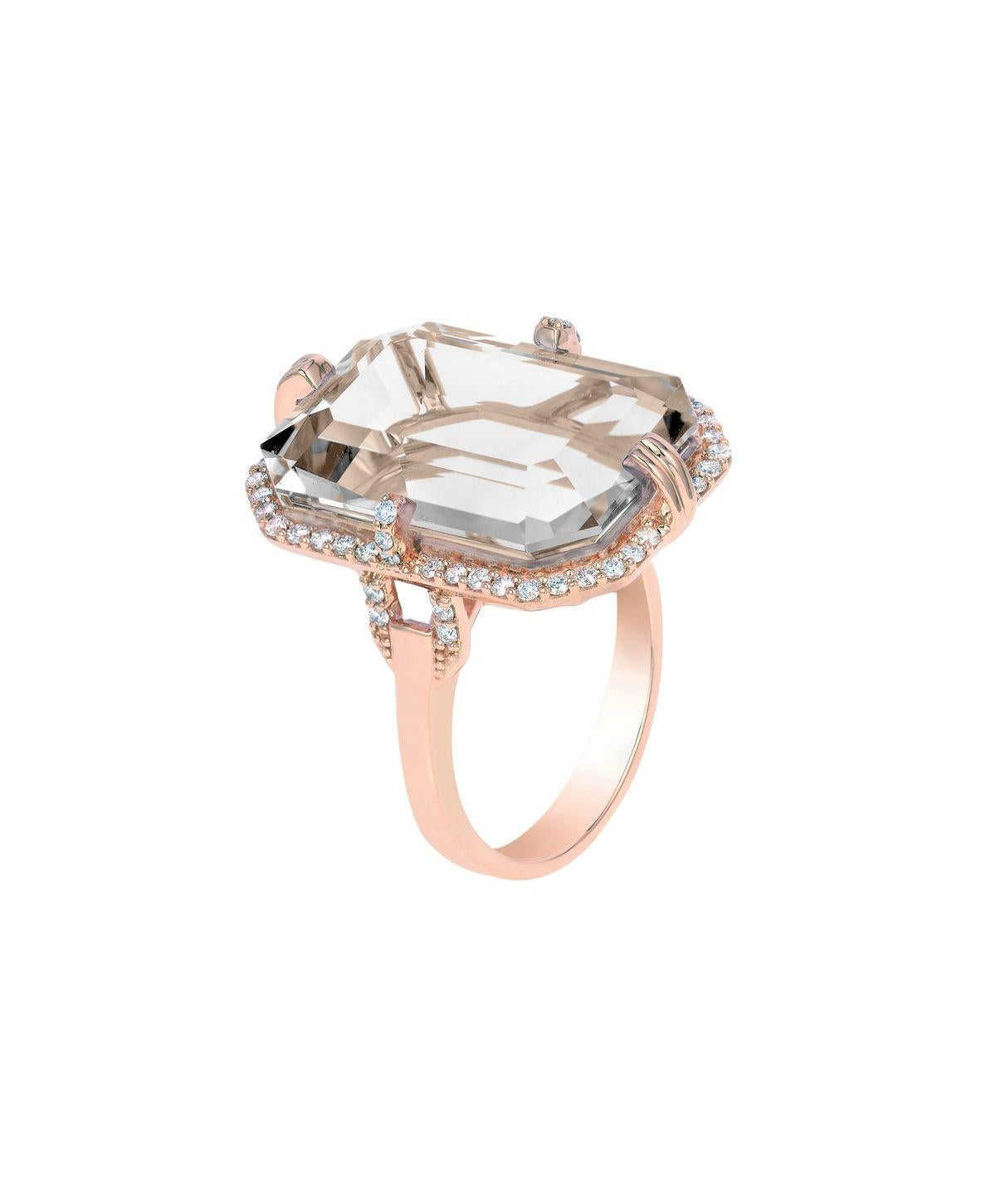 Rock Crystal Emerald Cut Ring with Diamonds in 18K Pink Gold, From 'Gossip' Collection

Stone Size: 20 x 14 mm 

Gemstone Approx Wt: Rock Crystal- 17.38 Carats

Diamonds: G-H / VS, Approx Wt: 0.41 Carats