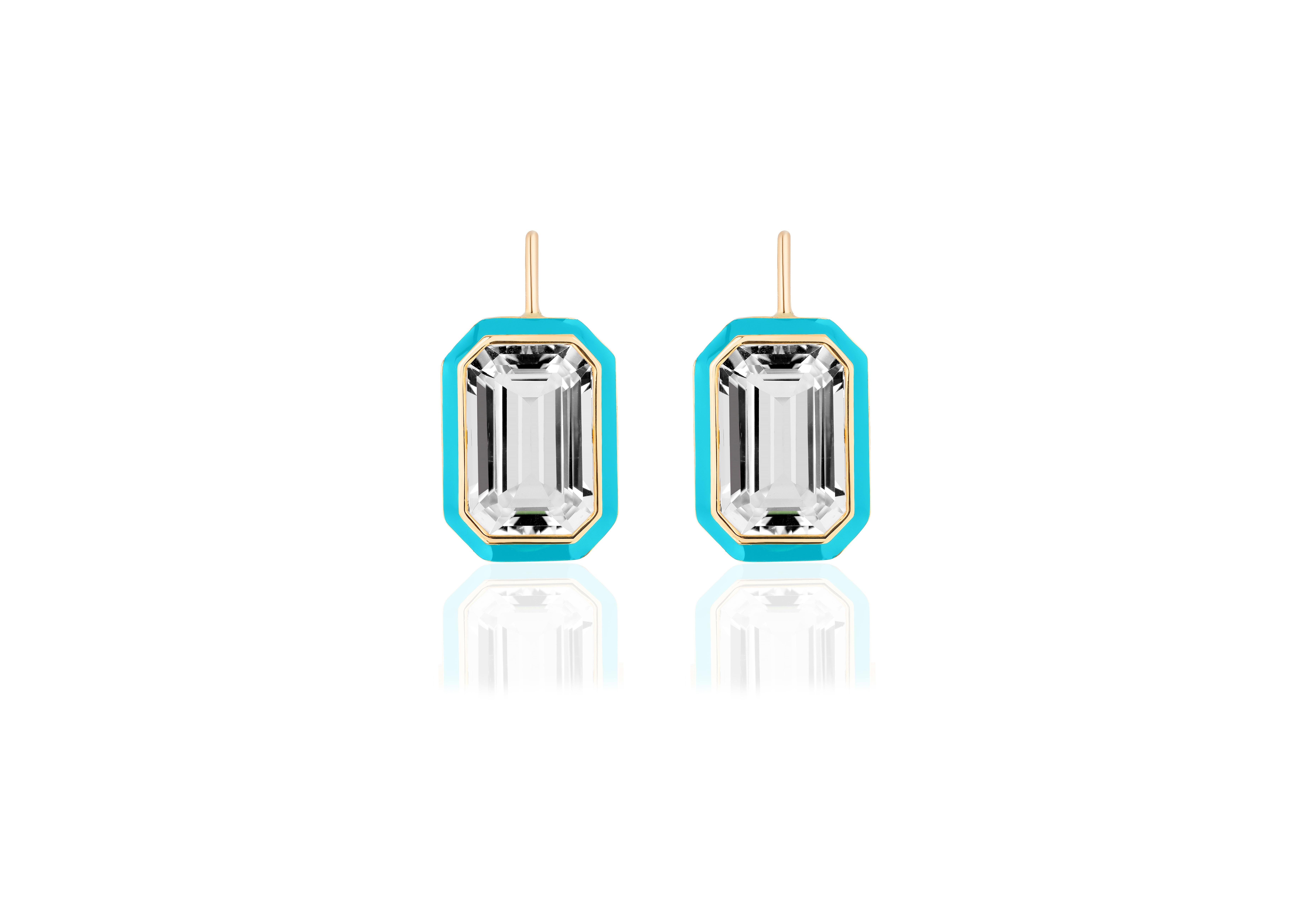 These beautiful earrings are an Emerald Cut Rock Crystal, with Turquoise Enamel border on wire. From our ‘Queen’ Collection, it was inspired by royalty, but with a modern twist. The combination of enamel, and Rock Crystal represents power, richness