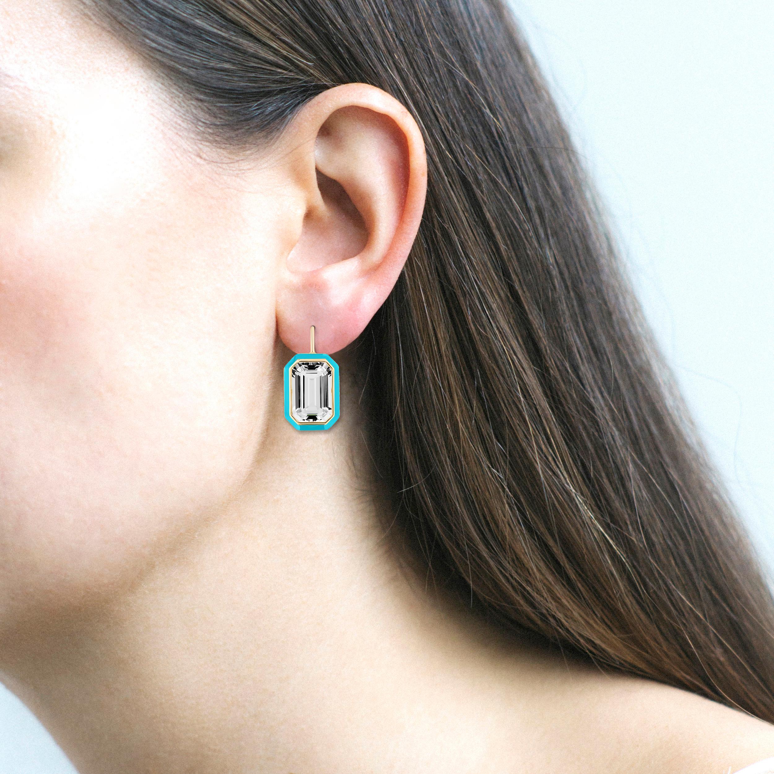 Contemporary Goshwara Rock Cystal Emerald Cut with Turquoise Enamel Earrings For Sale