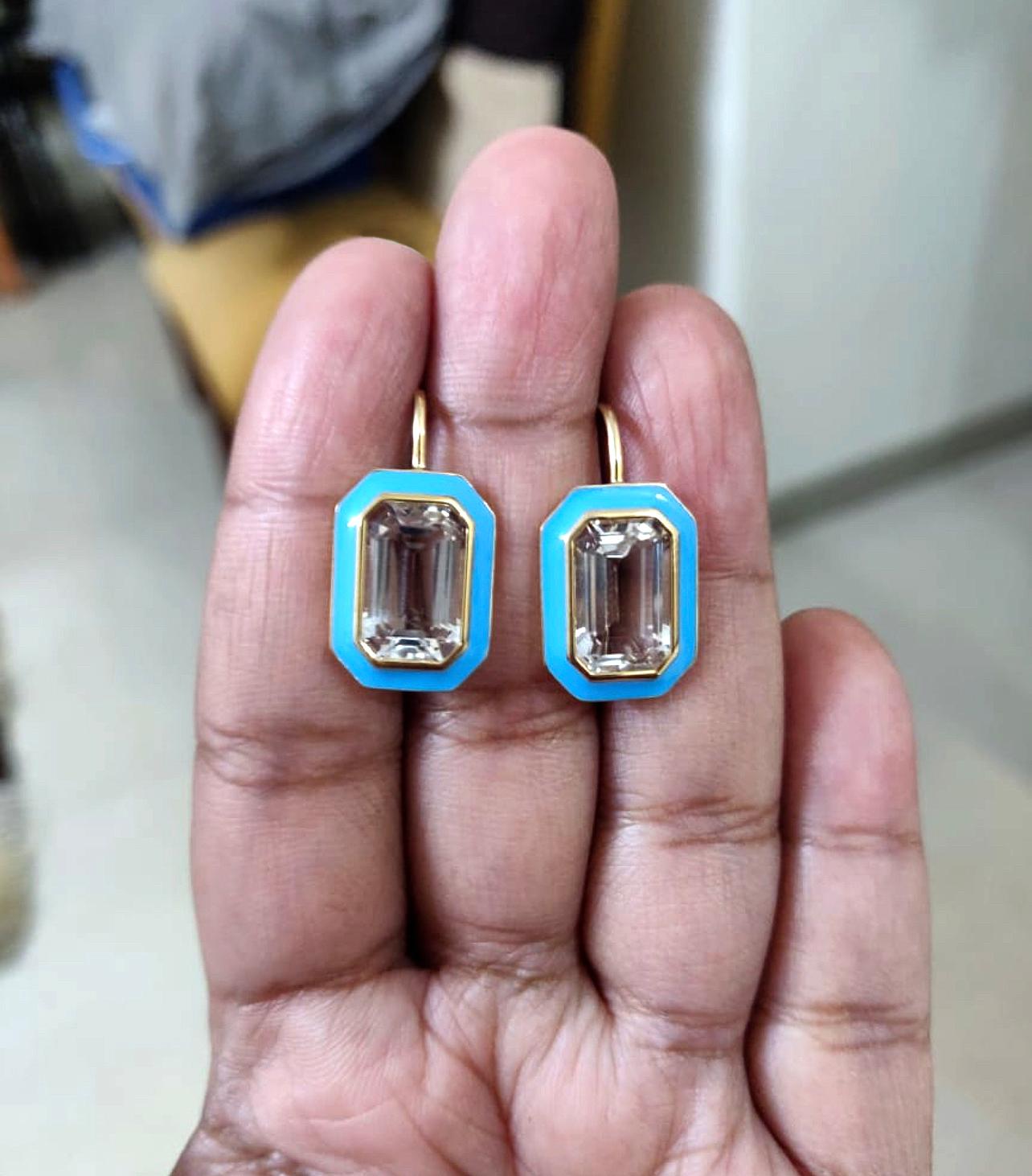 Goshwara Rock Cystal Emerald Cut with Turquoise Enamel Earrings In New Condition For Sale In New York, NY