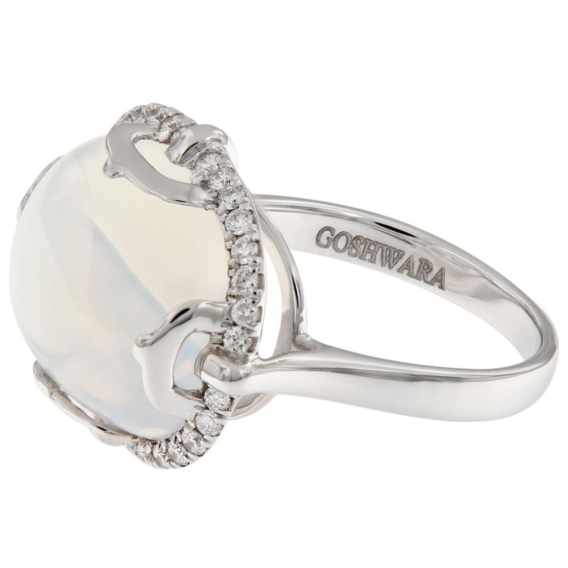 Goshwara “Rock-N-Roll” Cabochon Moon Quartz Diamond 18 Karat White Gold Ring For Sale