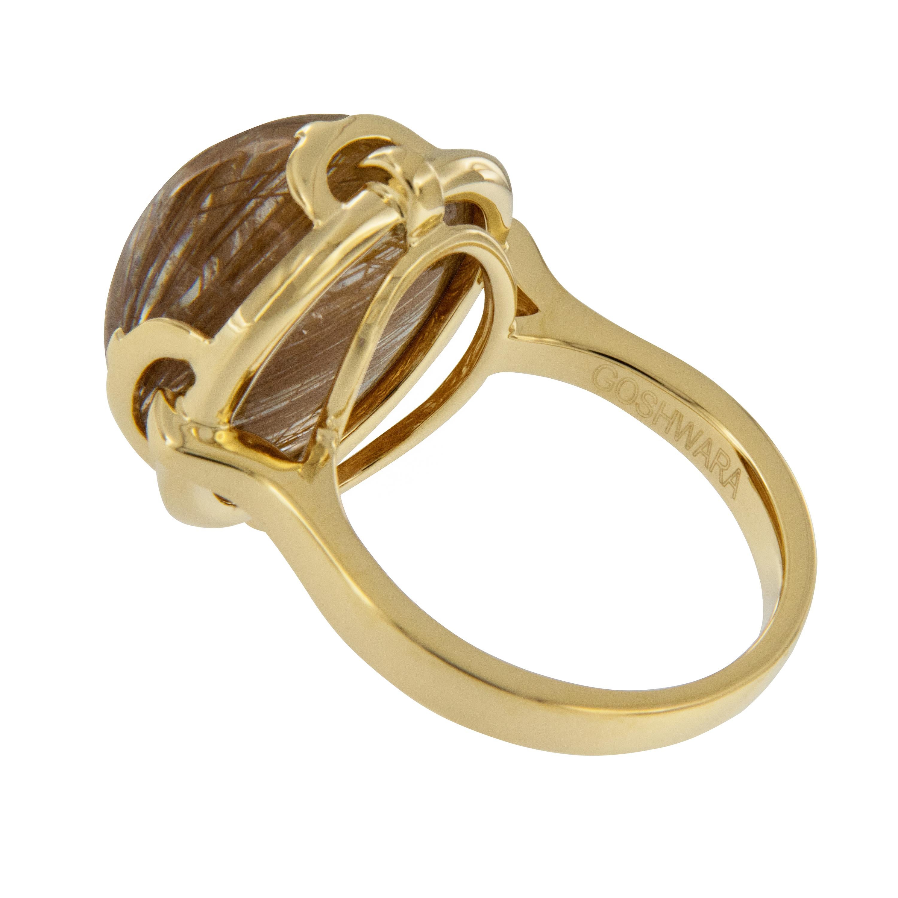 18k brushed yellow gold rutilated quartz cabochon ring