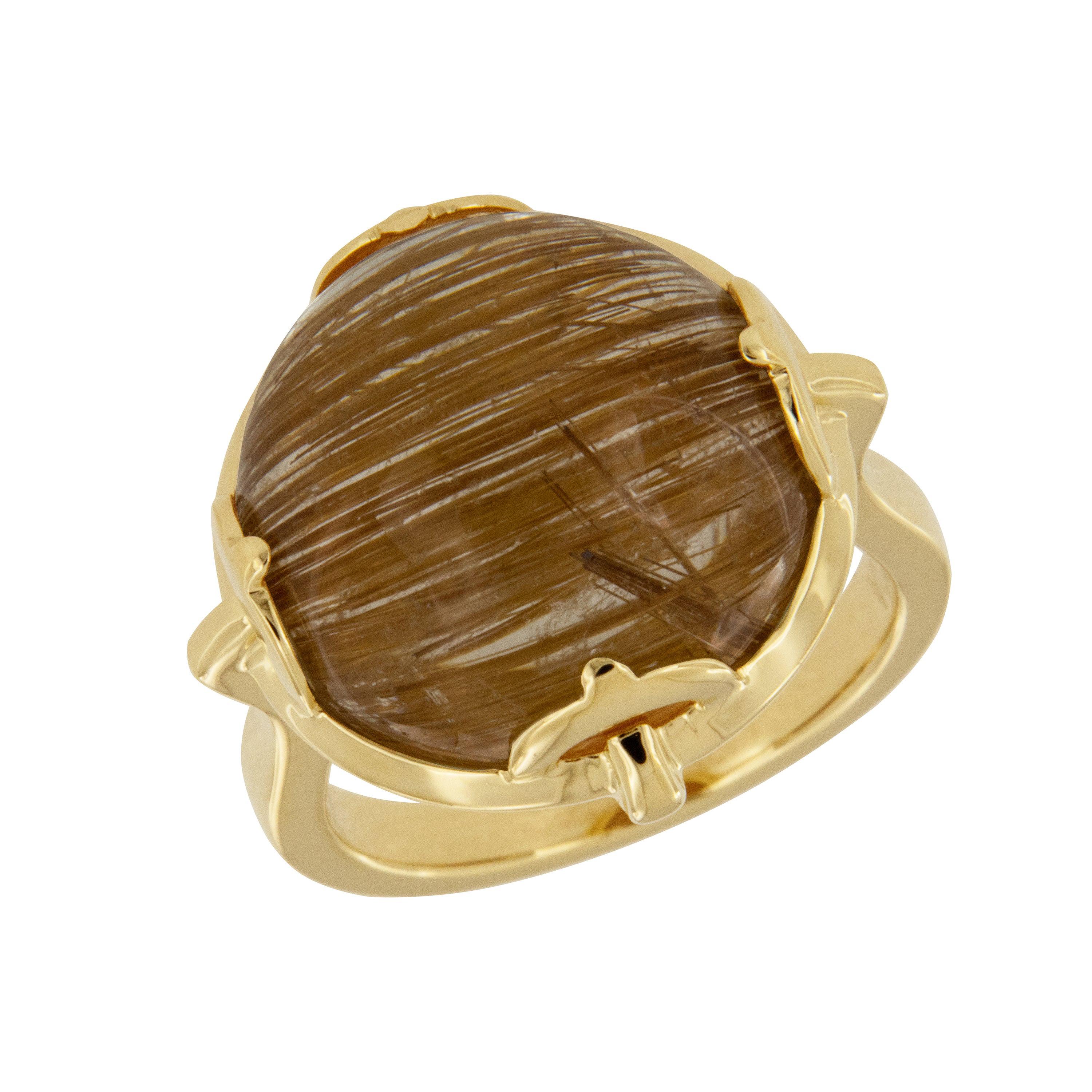 Goshwara “Rock-N-Roll” Cabochon Rutilated Quartz 18 Karat Yellow Gold Ring For Sale