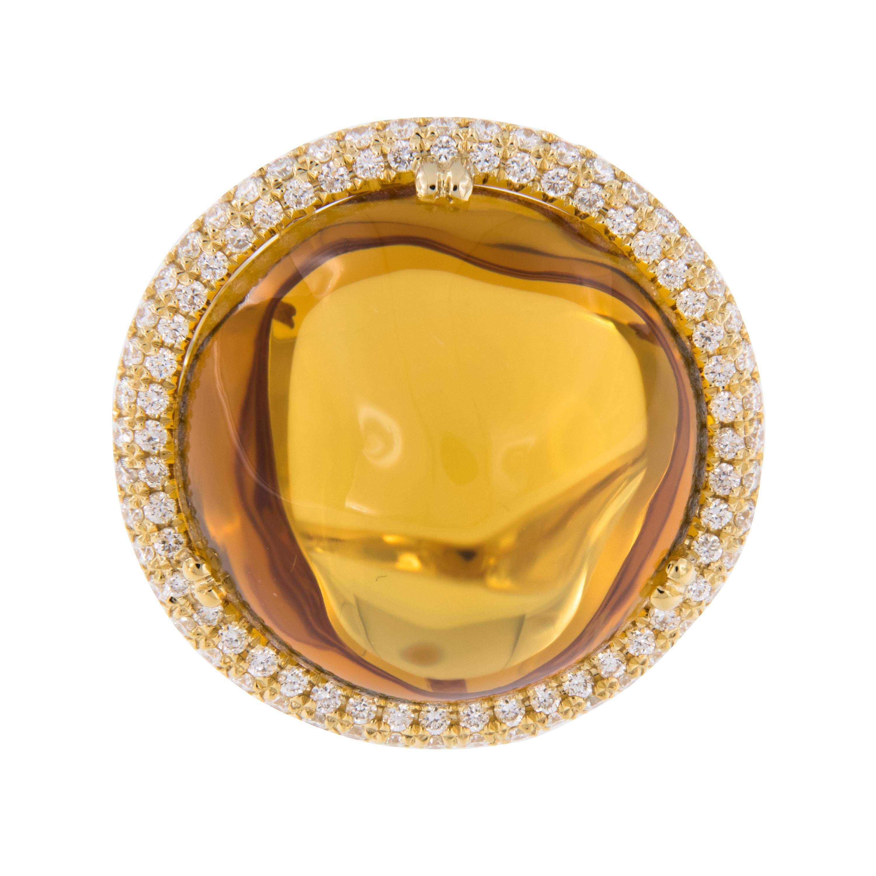 Goshwara, a term for perfect shape, is a company known for exceptional color gems and this 18 karat yellow gold Rock n Roll ring which showcases a 35.58 Carat roundish cabochon cut citrine & 0.64 Cttw diamonds shows it! Their Rock N Roll collection,