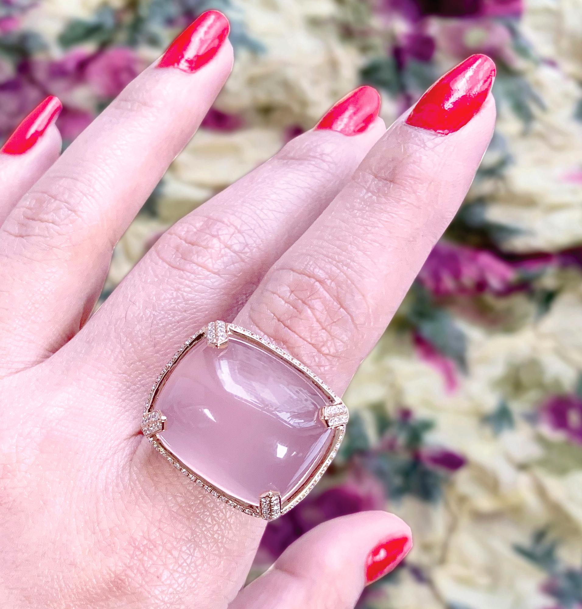 Rose Quartz Cabochon Ring with Diamond in 18K Rose Gold, from 'Rock 'N Roll' Collection. Extensive collection of big and bold pieces. Like the music, this Rock ‘n Roll collection is electric in color and very stimulating to the eye. These exciting