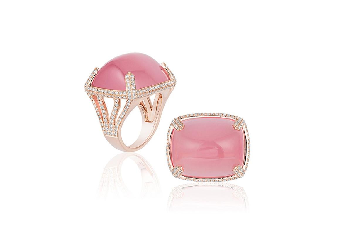 Contemporary Goshwara Rose Quartz Cabochon and Diamond Ring For Sale