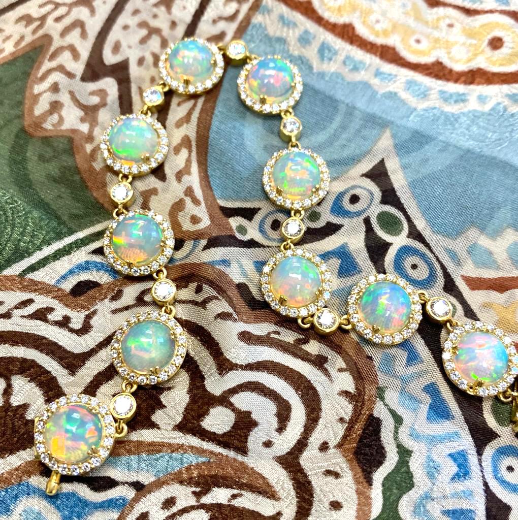Round Cut Goshwara Round Opal Single Row with Diamonds Bracelet