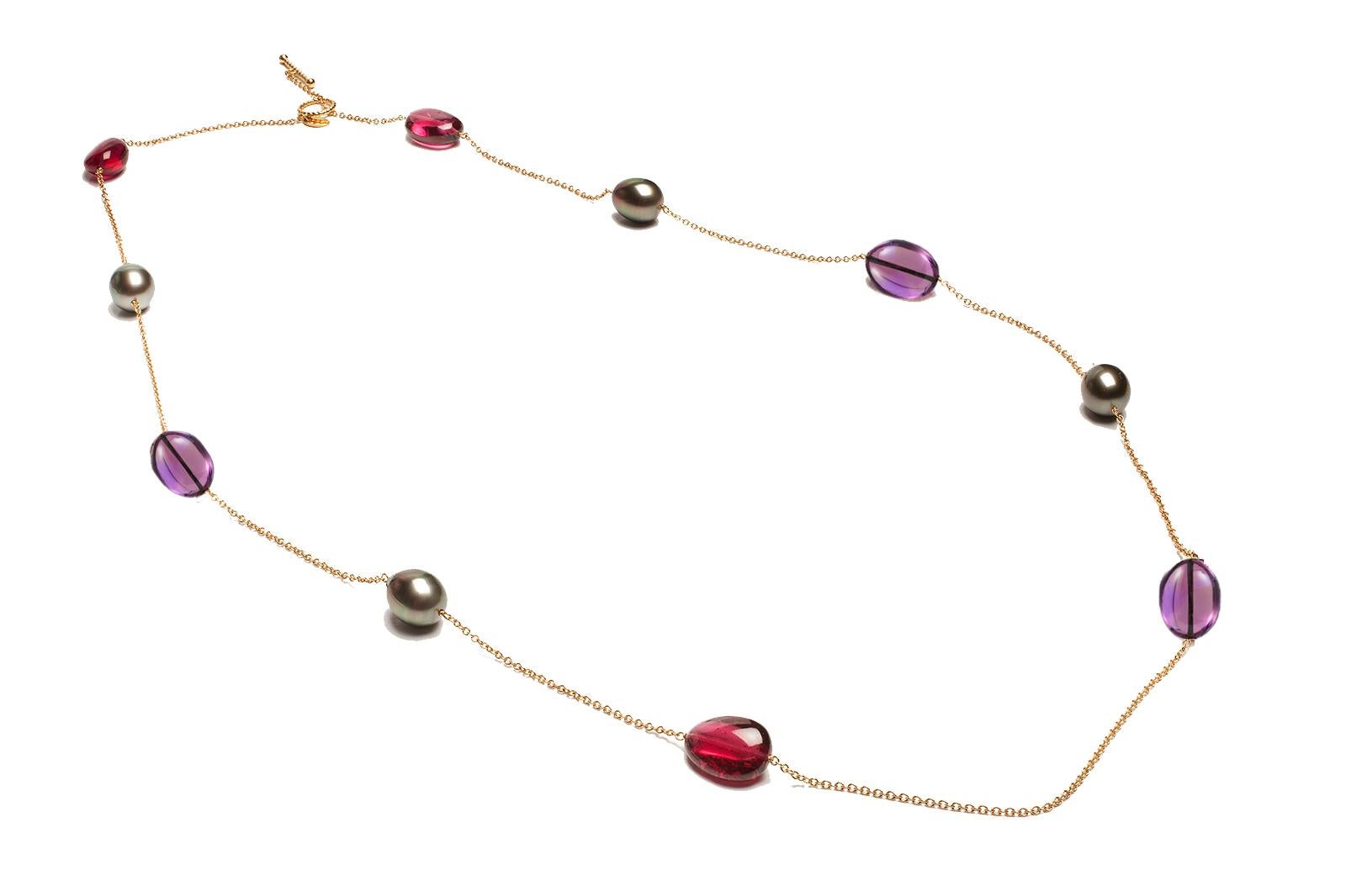 Beautiful Rubelite, Amethyst, Grey Tahitian Pearl Chain Necklace in 18K Yellow Gold, from 'Freedom' Collection. This collection is comprised of loose colored gemstones in two beautifully shaped silhouettes, teardrops and ovals enveloped by cages and