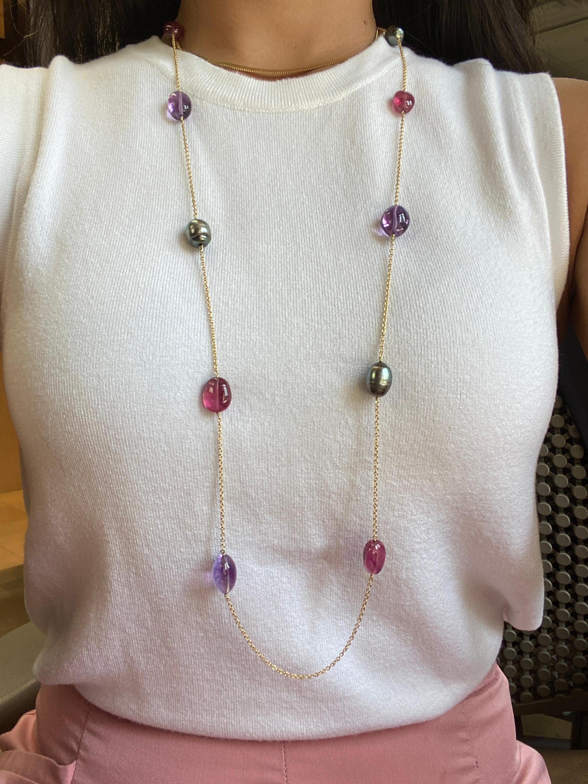 Contemporary Goshwara Rubelite, Amethyst, Grey Tahitian Pearl Chain Necklace For Sale