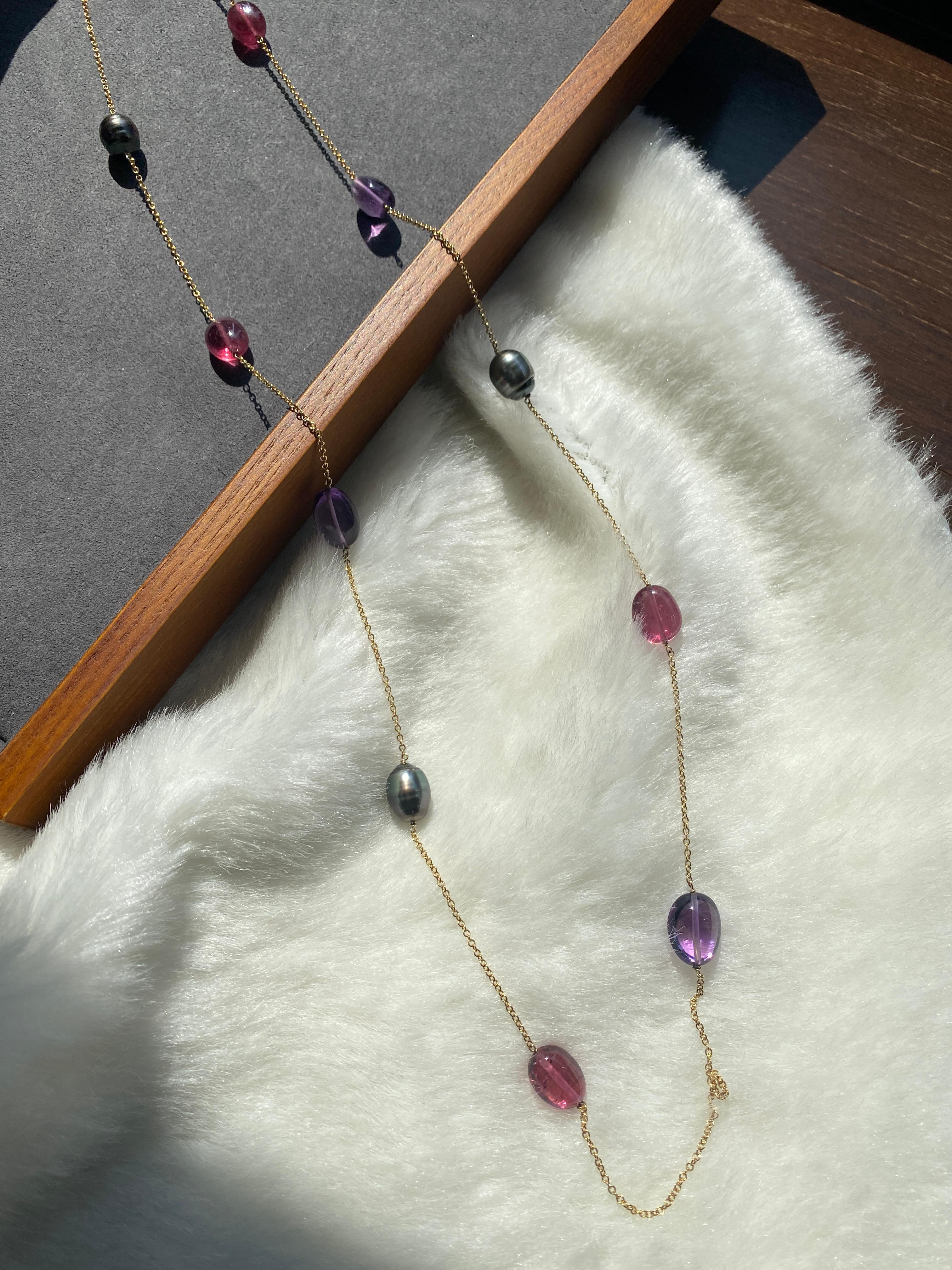 Bead Goshwara Rubelite, Amethyst, Grey Tahitian Pearl Chain Necklace For Sale