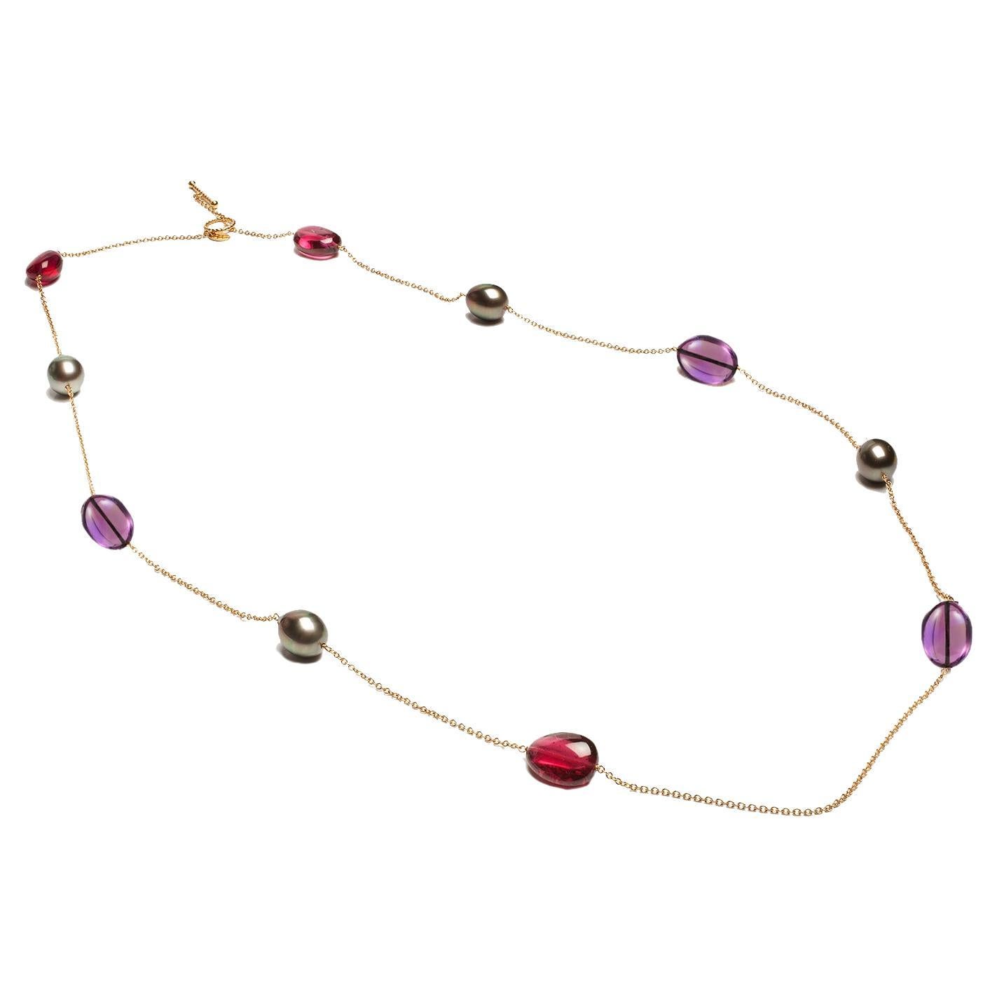 Goshwara Rubelite, Amethyst, Grey Tahitian Pearl Chain Necklace For Sale
