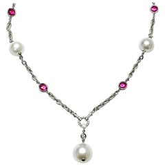 Goshwara Rubelite Dark Tumble and White South Sea Pearl Drop Necklace