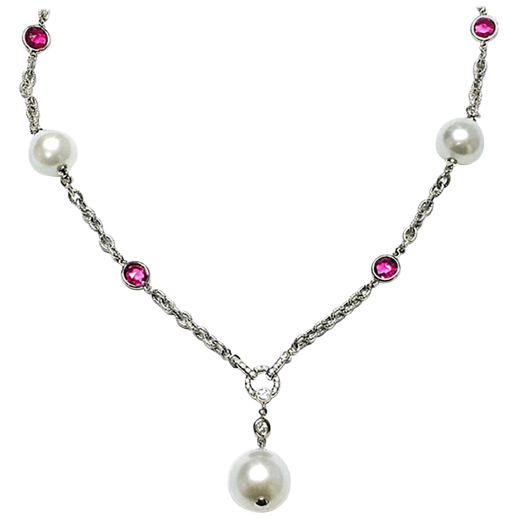 Goshwara Rubelite Dark Tumble and White South Sea Pearl Drop Necklace For Sale