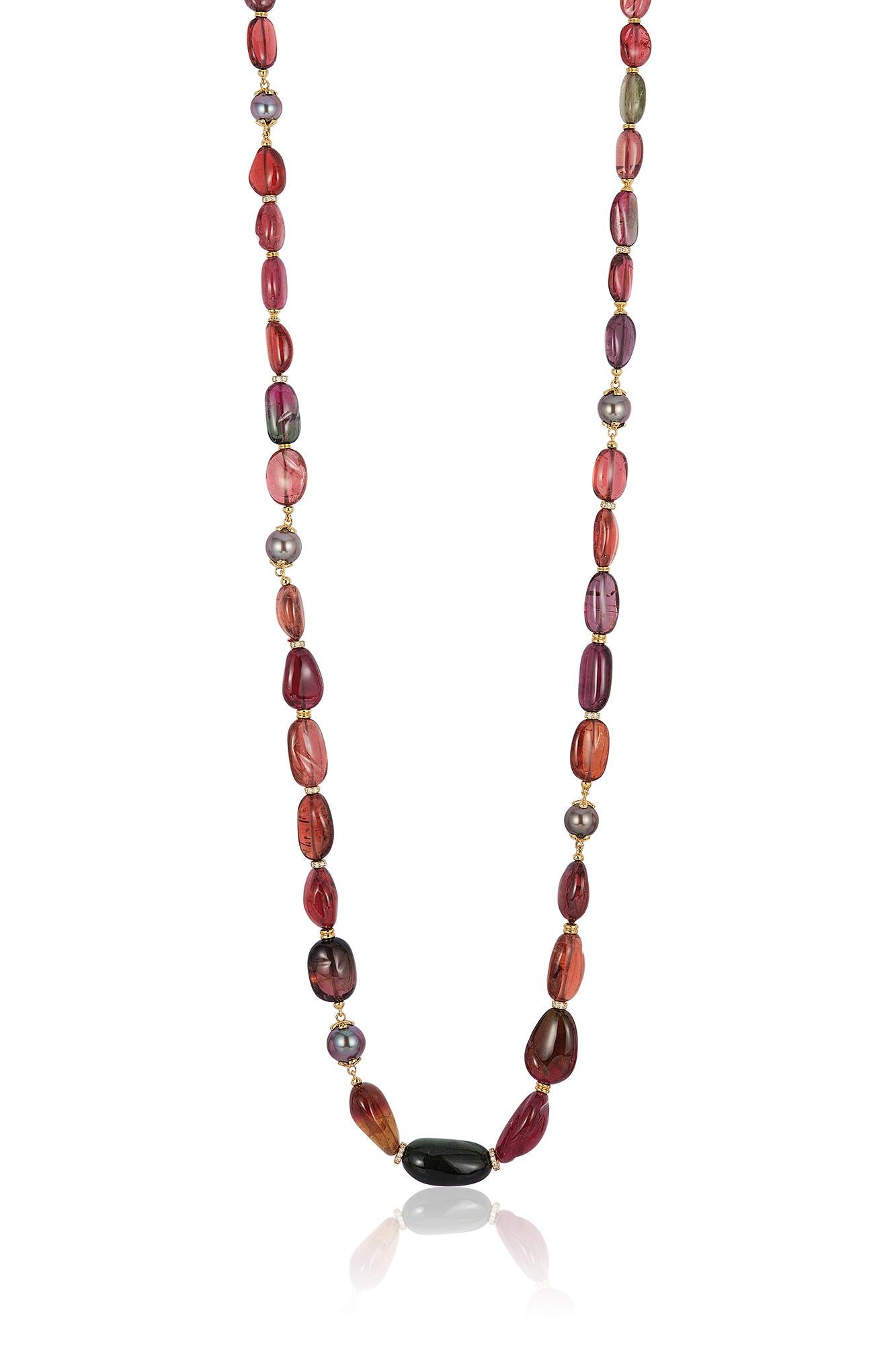 Goshwara Rubelite Multi-Tourmaline With Grey Pearls And Diamond Necklace In New Condition For Sale In New York, NY