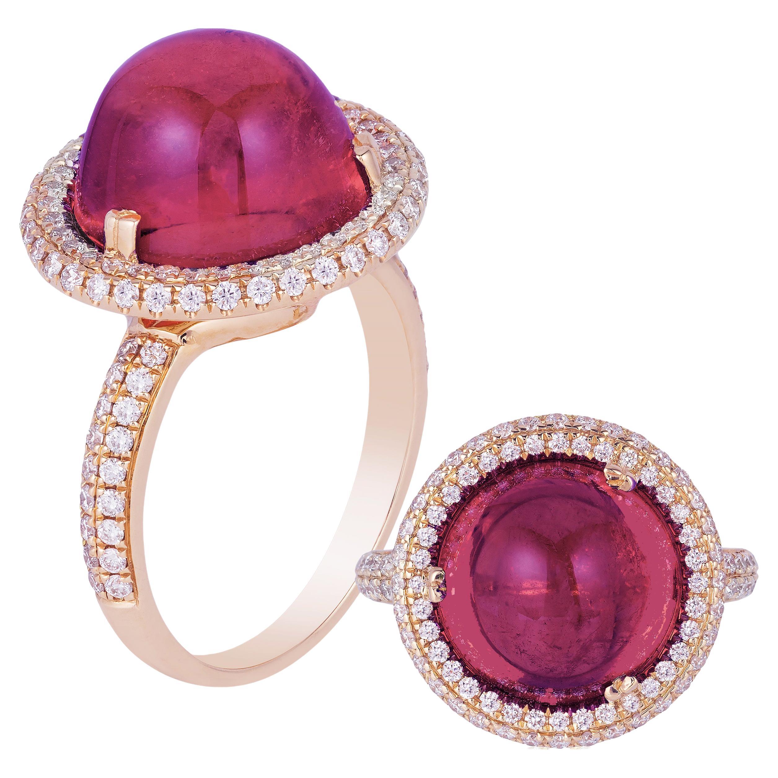 Goshwara Rubelite Round Cabochon with Diamonds Ring For Sale