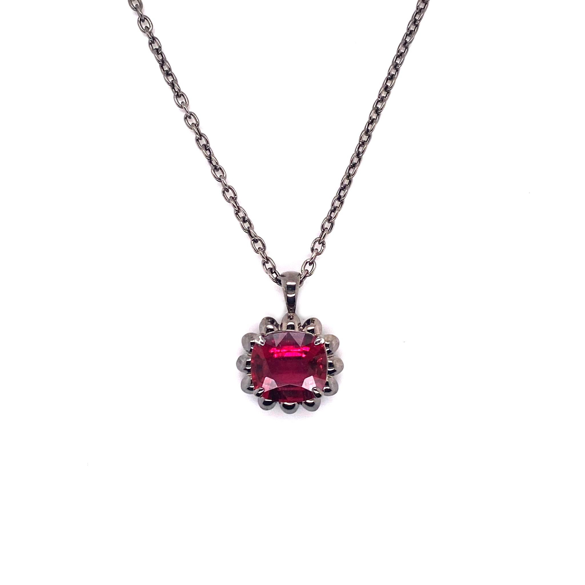 Rubelite Pendant with Black Rhodium in 18K White Gold, from 'G-One' Collection.
G-One Collection undeniably carries the most special pieces of Goshwara. The sought-after, one-of-a-kind pieces speak to each unique personality of the person wearing