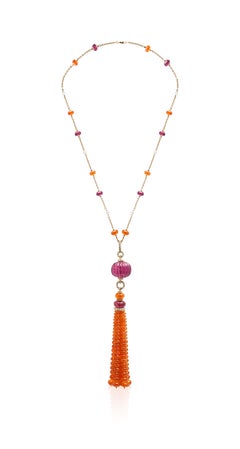 Goshwara Rubellite Fluted Beads with Rubellite & Mandarin Bead Tassel Necklace