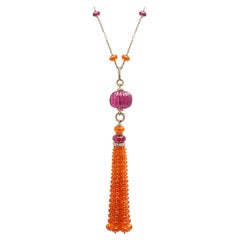 Goshwara Rubellite Fluted Beads with Rubellite & Mandarin Bead Tassel Necklace