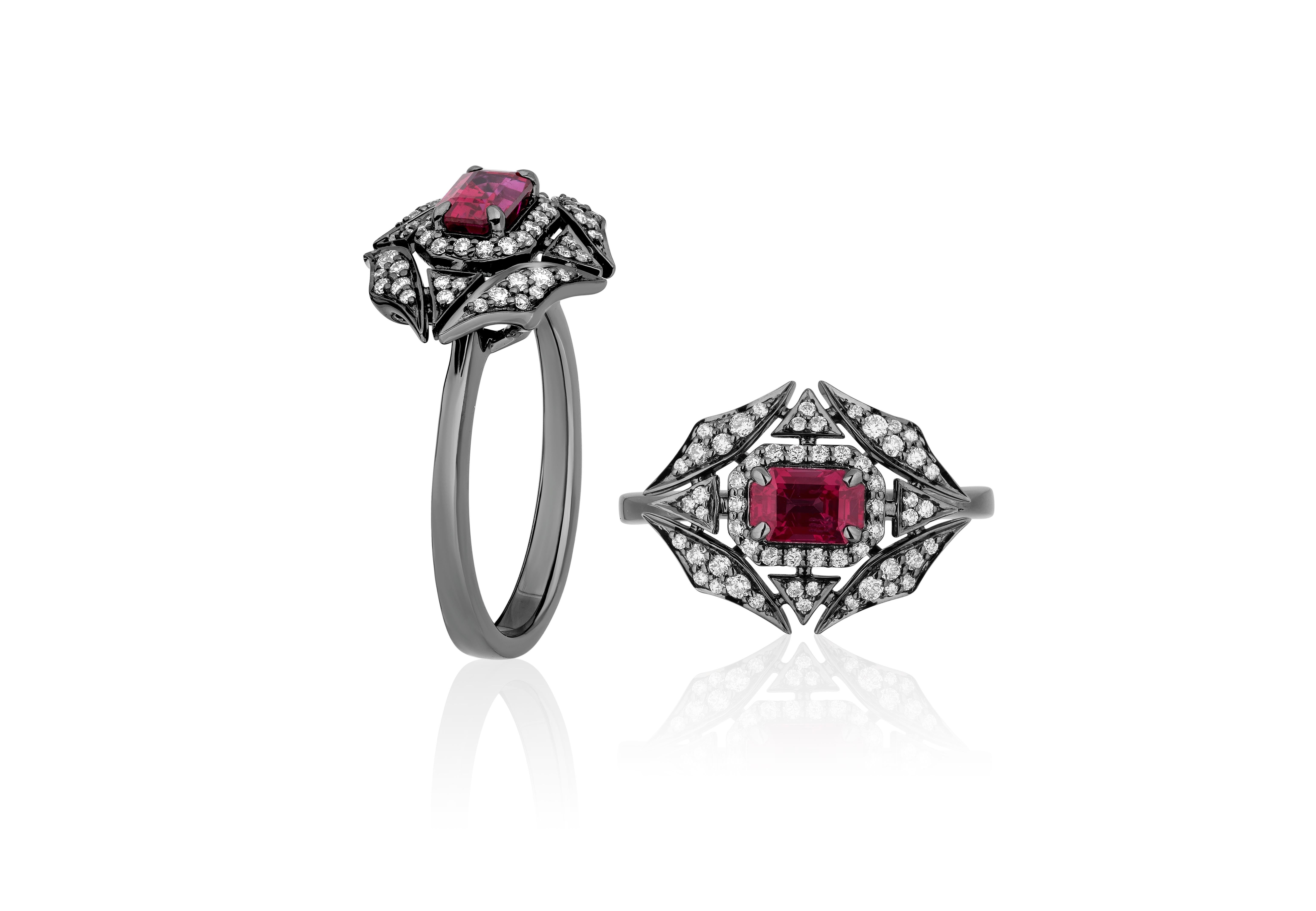 This unique Ruby and Diamond Web Ring in 18K White Gold with Black Rhodium, from 'G-One' Collection is an outstanding piece of jewelry to have in your personal collection.

* Stone Size: 6 x 4 mm
* Gemstone: 100% Earth Mined 
* Approx. gemstone