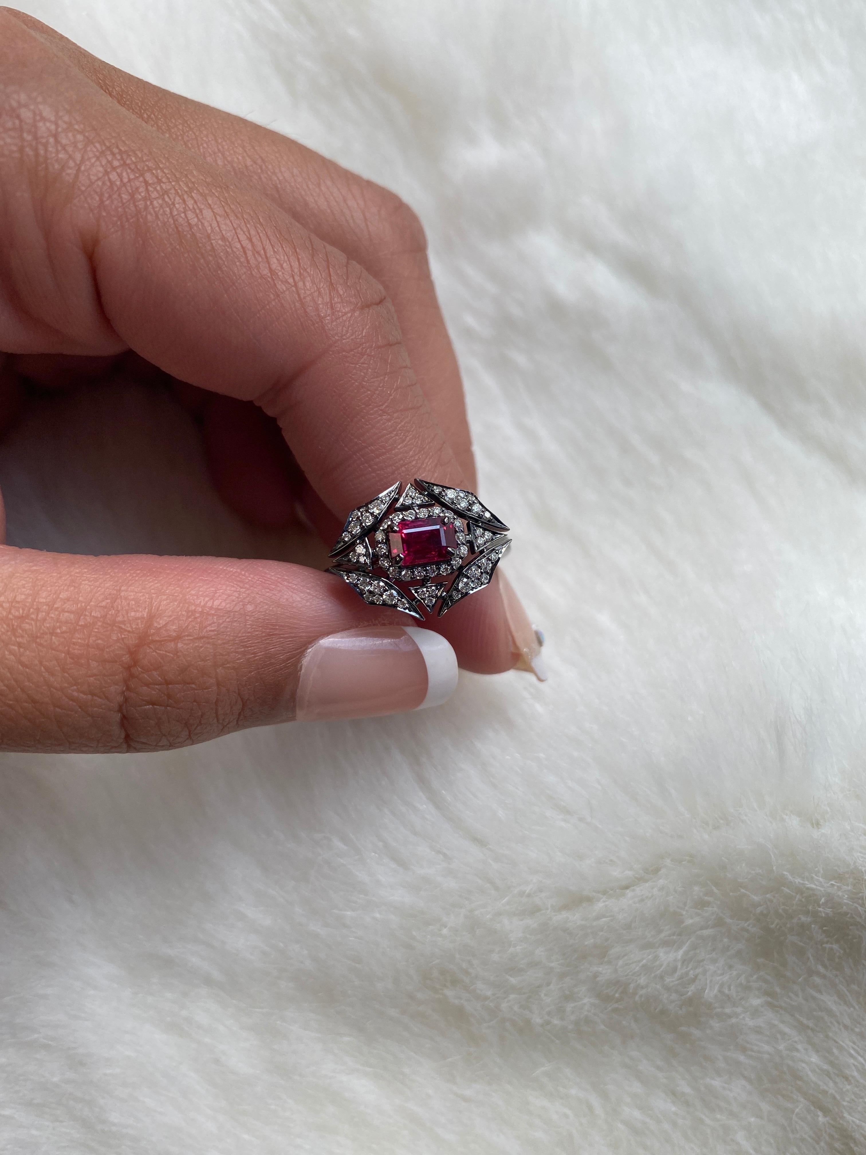 Emerald Cut Goshwara Ruby and Diamond Web Ring