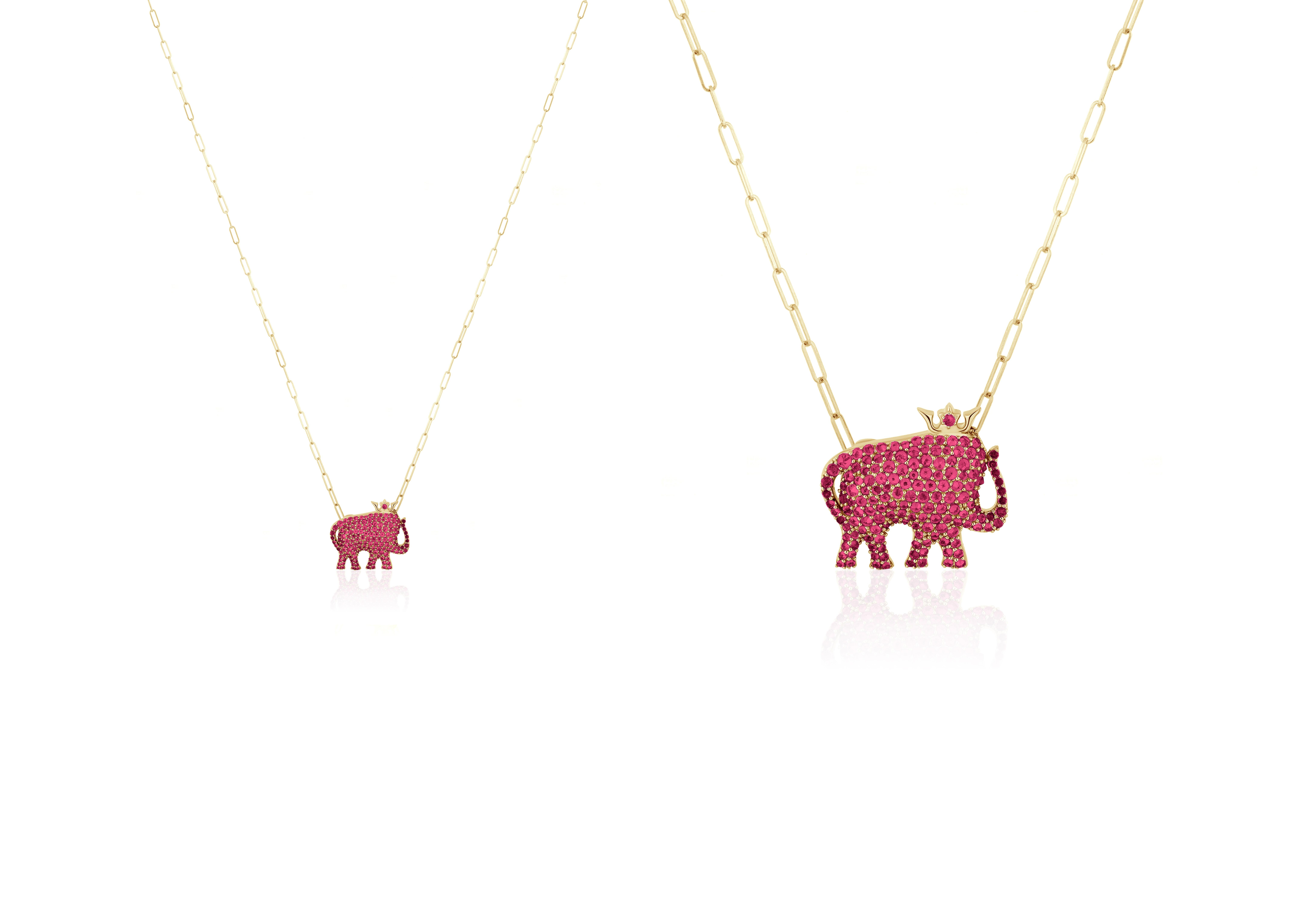 The Small Ruby Elephant Shape Pendant in 18K Yellow Gold is a unique and exquisite piece from the 'Limited Edition' collection. The pendant features a charming elephant shape, crafted in 18K yellow gold and adorned with small, vibrant ruby