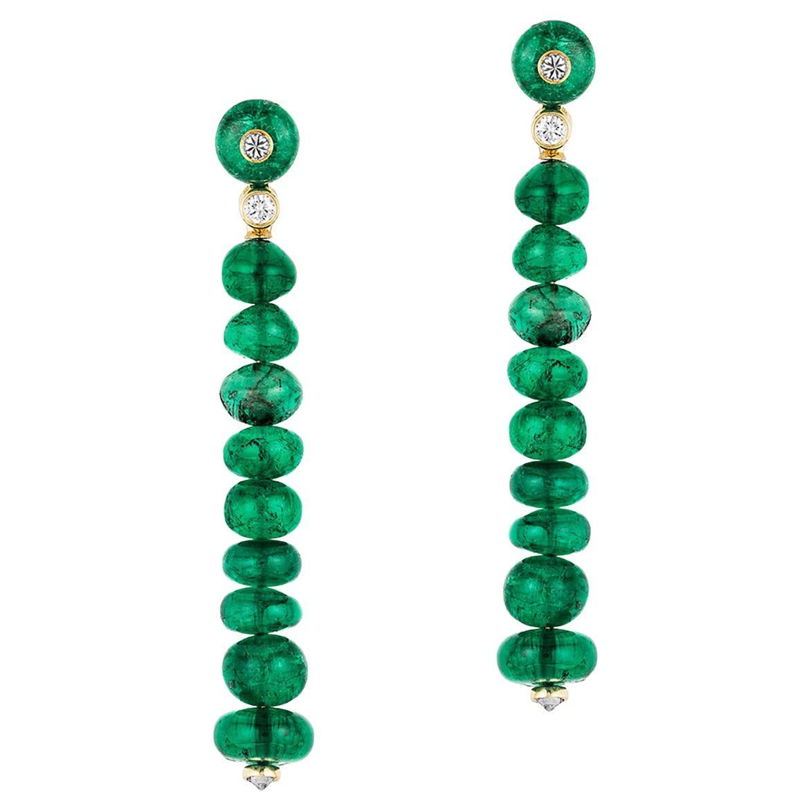 Goshwara Single Line Emerald Bead Long with Diamonds Earrings For Sale