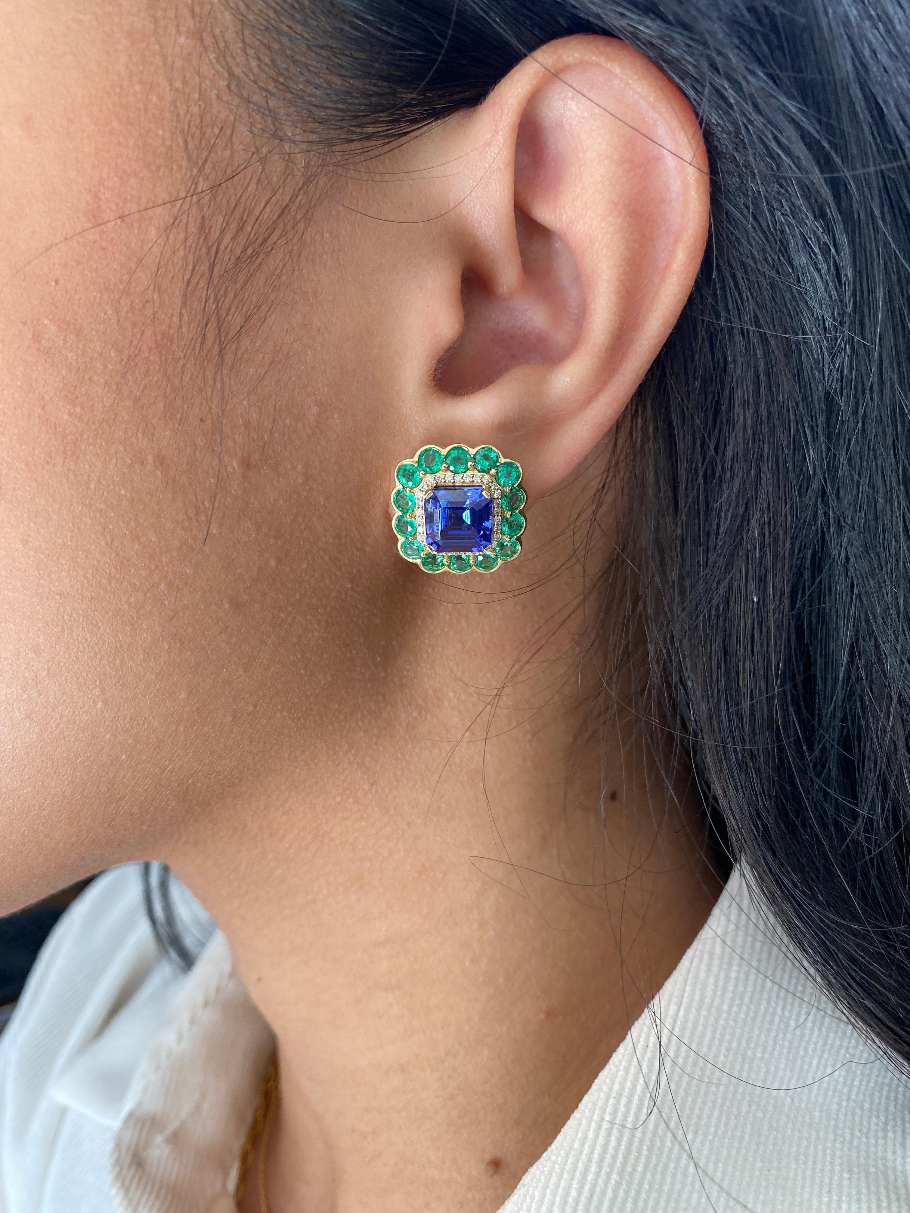 Unique Tanzanite and Emerald Stud Earrings with Diamonds in 18K Yellow Gold, from 'G-One' Collection. Our G-One Collection undeniably carries the most special pieces of Goshwara. The sought-after, one-of-a-kind pieces speak to each unique