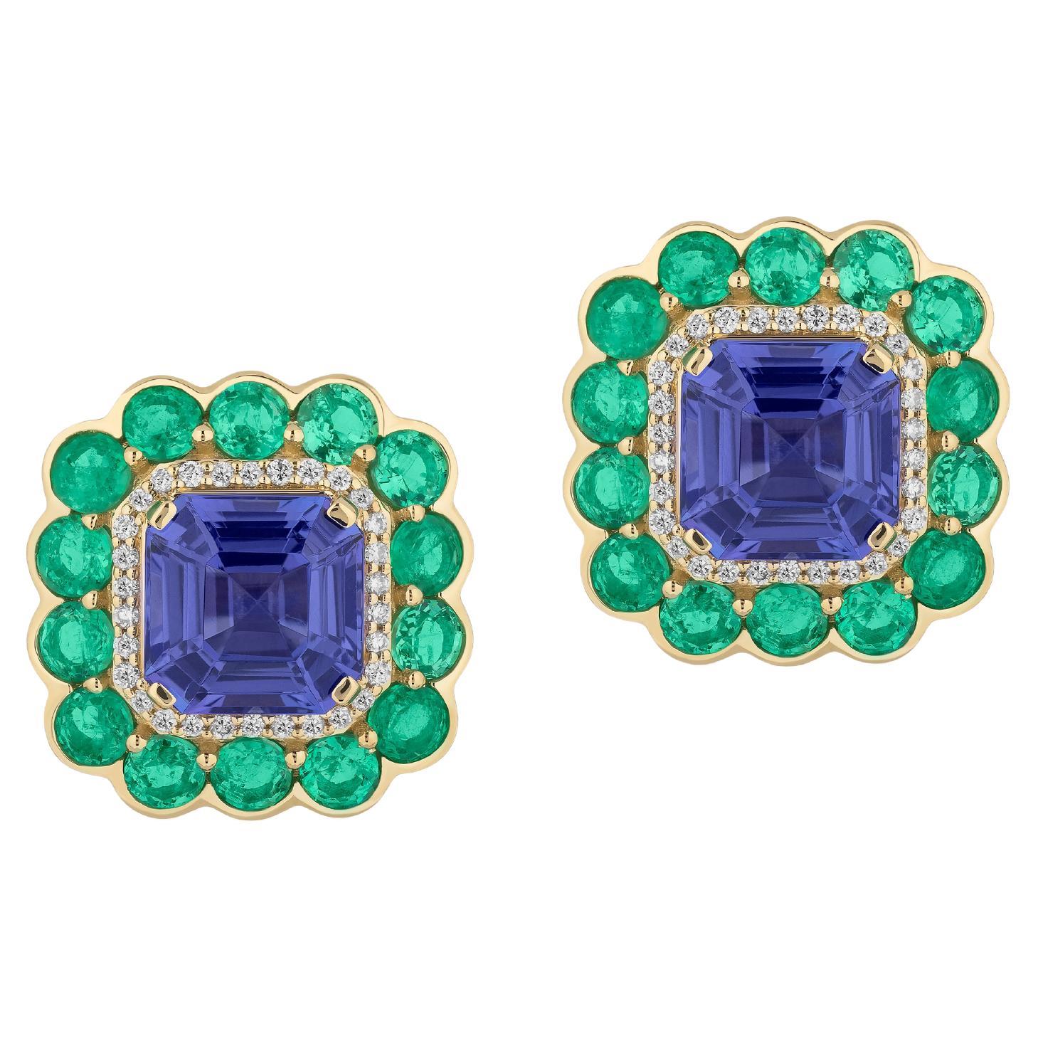 Goshwara Tanzanite and Emerald Stud Earrings with Diamonds
