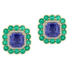 Clous d'oreilles Goshwara en tanzanite et émeraude avec diamants