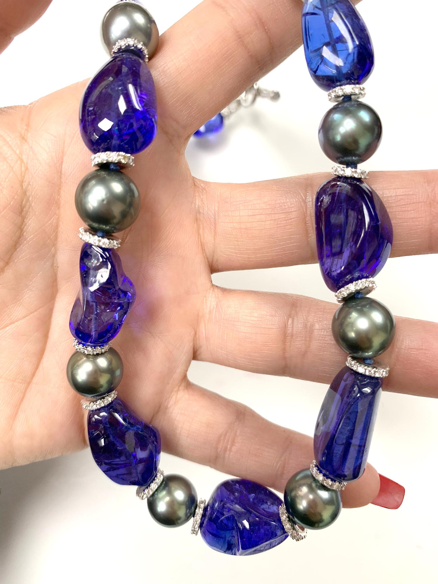 Cabochon Goshwara Tanzanite and South Sea Pearls with Diamond Rondelles Necklace For Sale