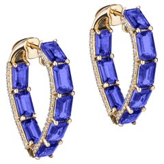 Goshwara Tanzanite Emerald Cut Heart Shape Hoop with Diamonds Earrings