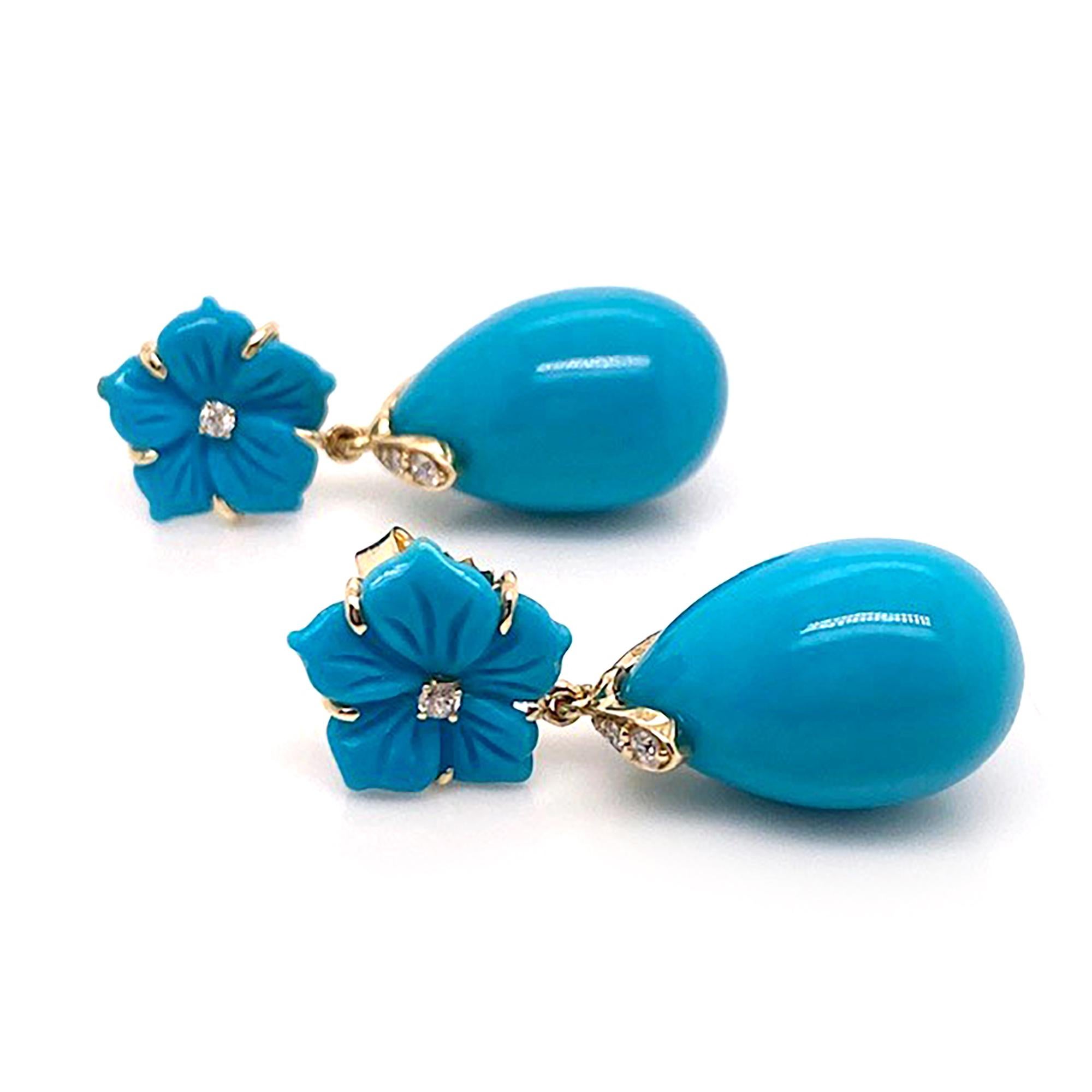 Contemporain Boucles d'oreilles Goshwara turquoise et fleur avec diamants en vente