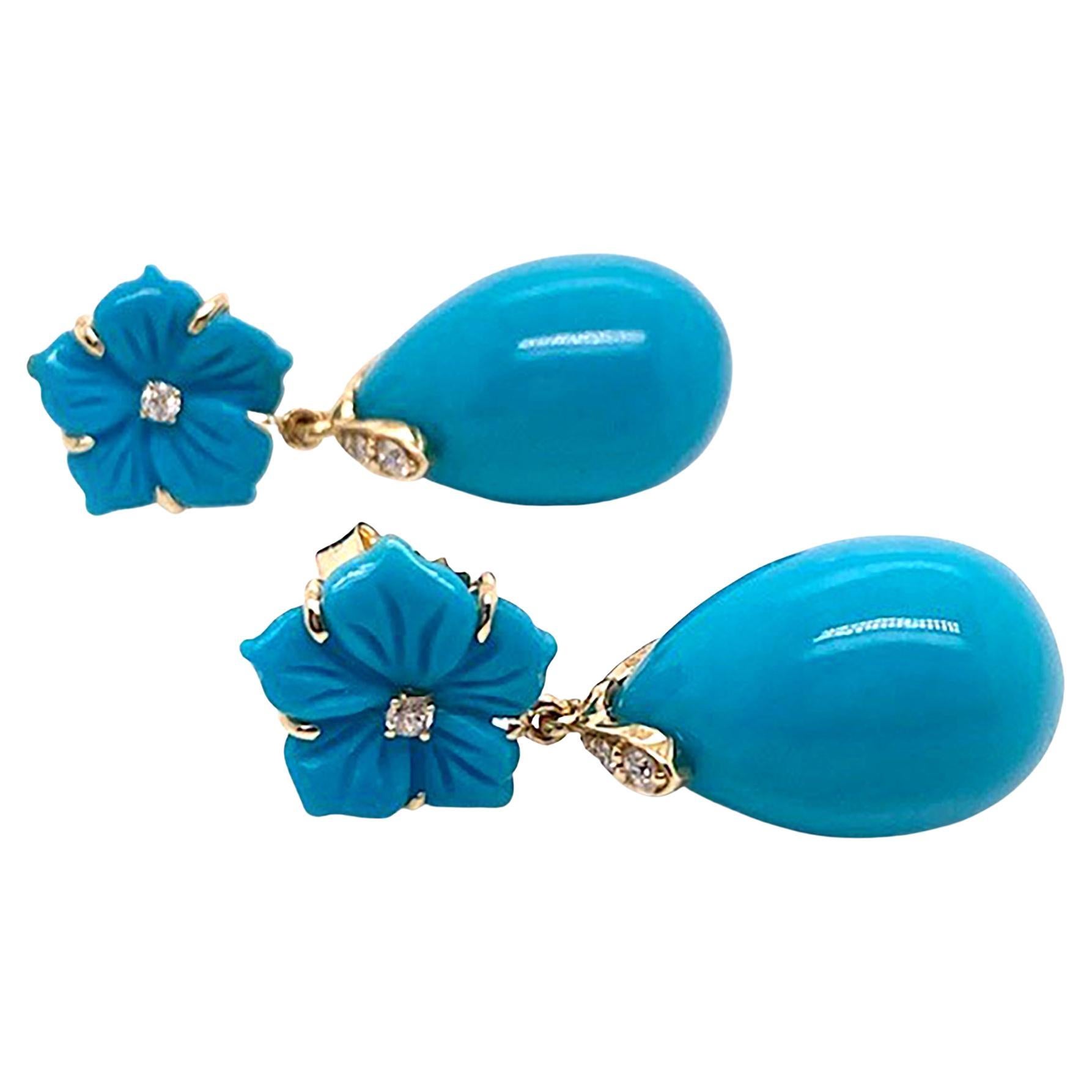 Boucles d'oreilles Goshwara turquoise et fleur avec diamants en vente