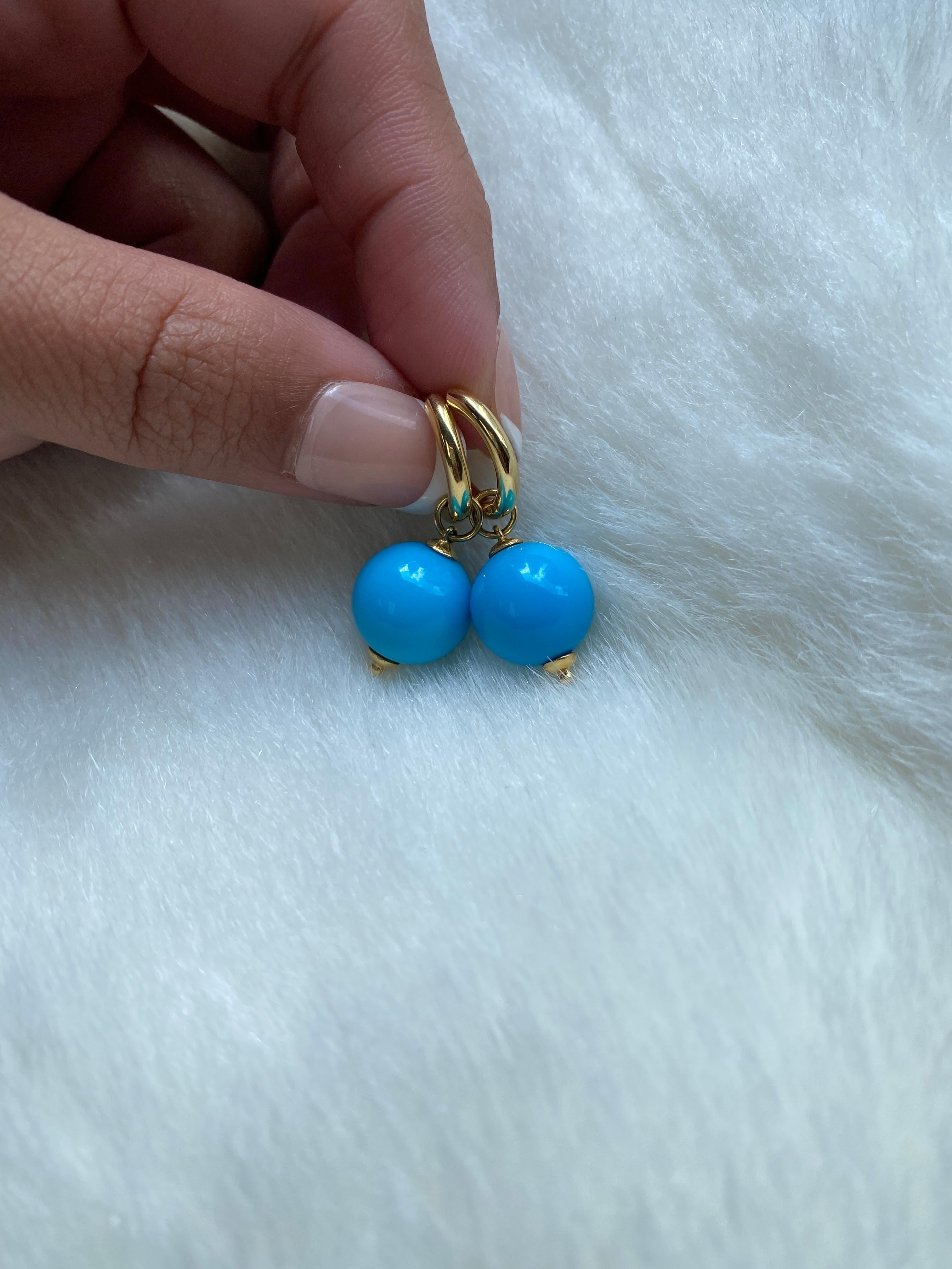 Round Cut Goshwara Turquoise Plain Round Bead Double Loop Earrings For Sale