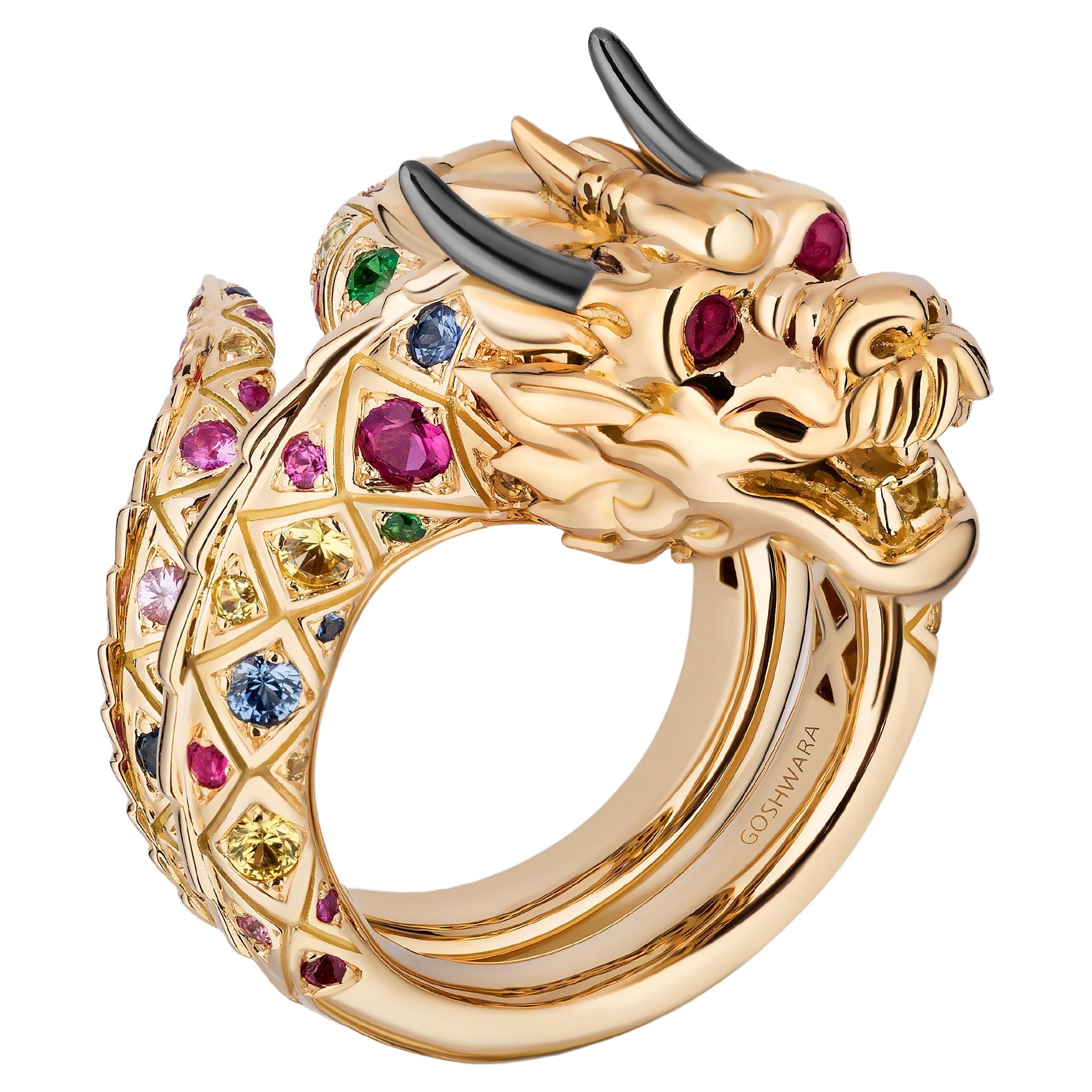 Goshwara 'Year of the Dragon' Multi Sapphire with Ruby Cab Dragon Ring For Sale
