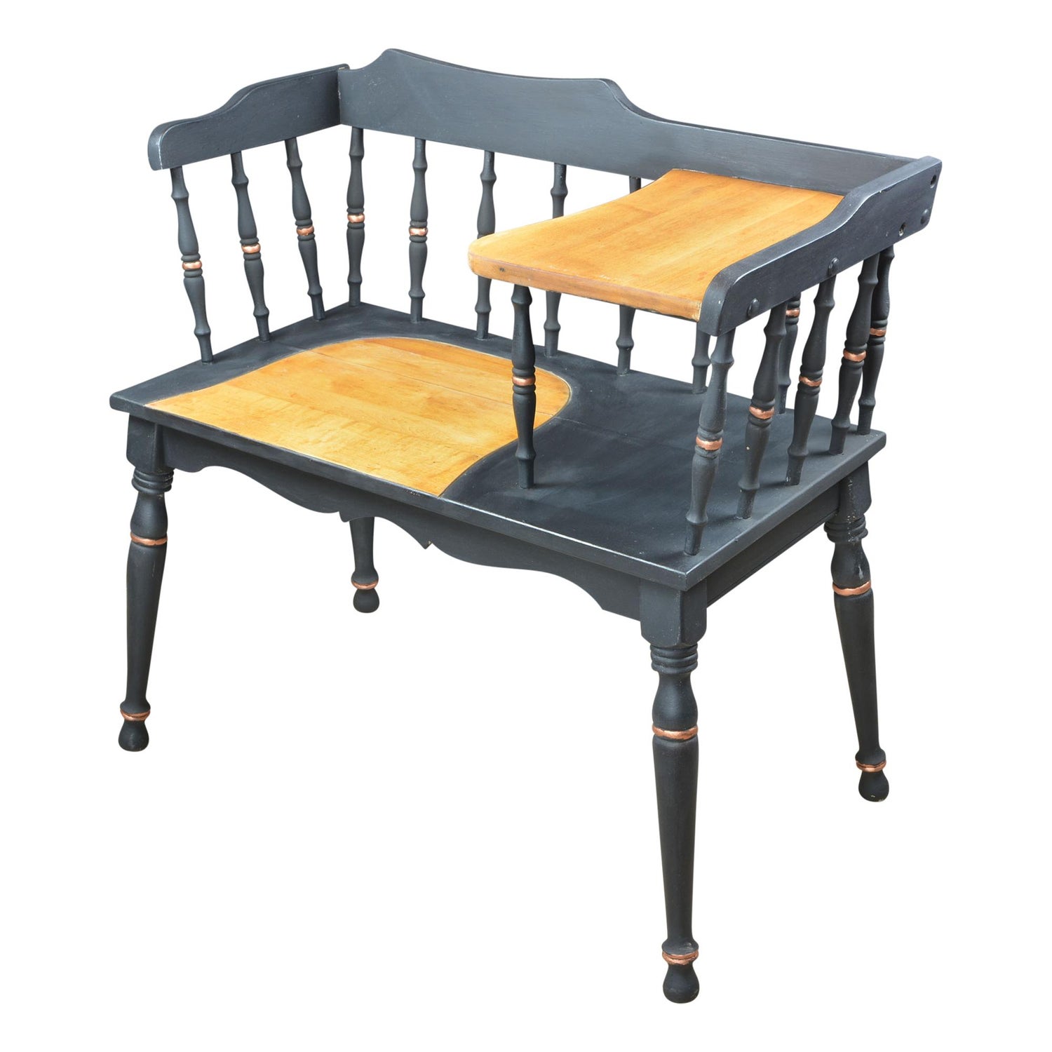 Gossip Bench Telephone Table Black Spindle Back Copper Accents At