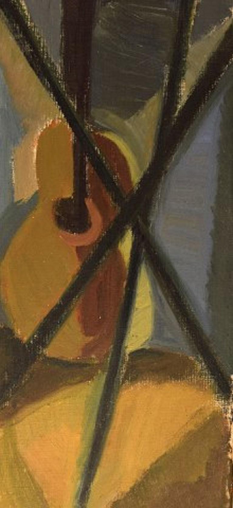 Scandinavian Modern Gösta Asp, Oil on Board, Set Up with Side Table, Guitar and Lamp