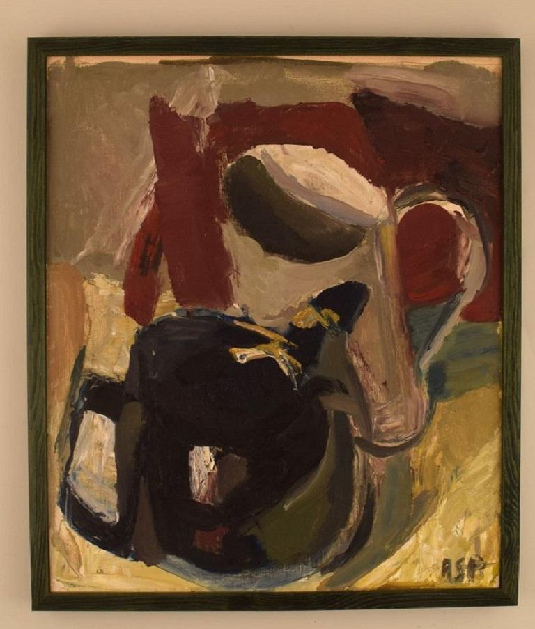 Gösta Asp (1910-1986), listed Swedish artist. 
Oil on canvas. Modernist still life. 
Mid-20th century.
The canvas measures: 43 x 36.5 cm.
The frame measures: 1.5 cm.
In excellent condition.
Signed.