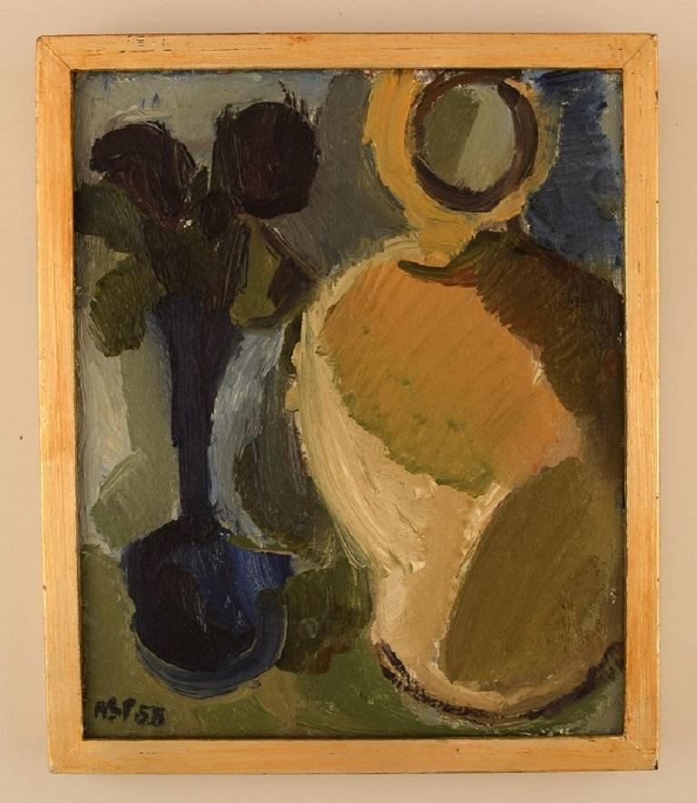 Gösta Asp (1910-1986), Sweden. Oil on board. 
Modernist still life. Dated 1958.
The board measures: 26.5 x 21.5 cm.
The frame measures: 1.3 cm.
In excellent condition.
Signed and dated.