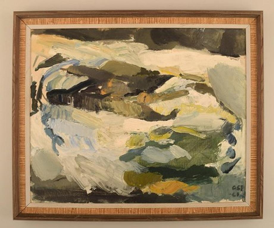 Gösta Asp (1910-1986), Sweden. Oil on canvas. Abstract winter landscape. Dated 1961.
The canvas measures: 40 x 32.5 cm.
The frame measures: 3.5 cm.
Signed.
In excellent condition.