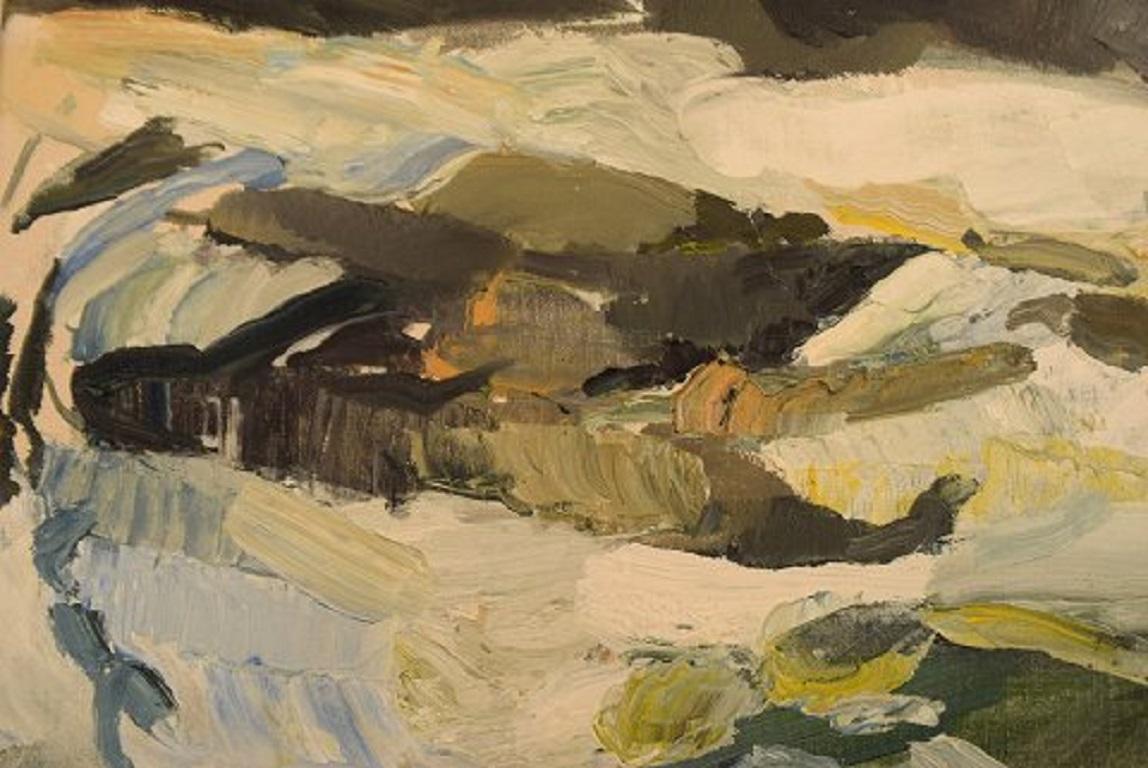 Scandinavian Modern Gösta Asp, Sweden, Oil on Canvas, Abstract Winter Landscape, 1961